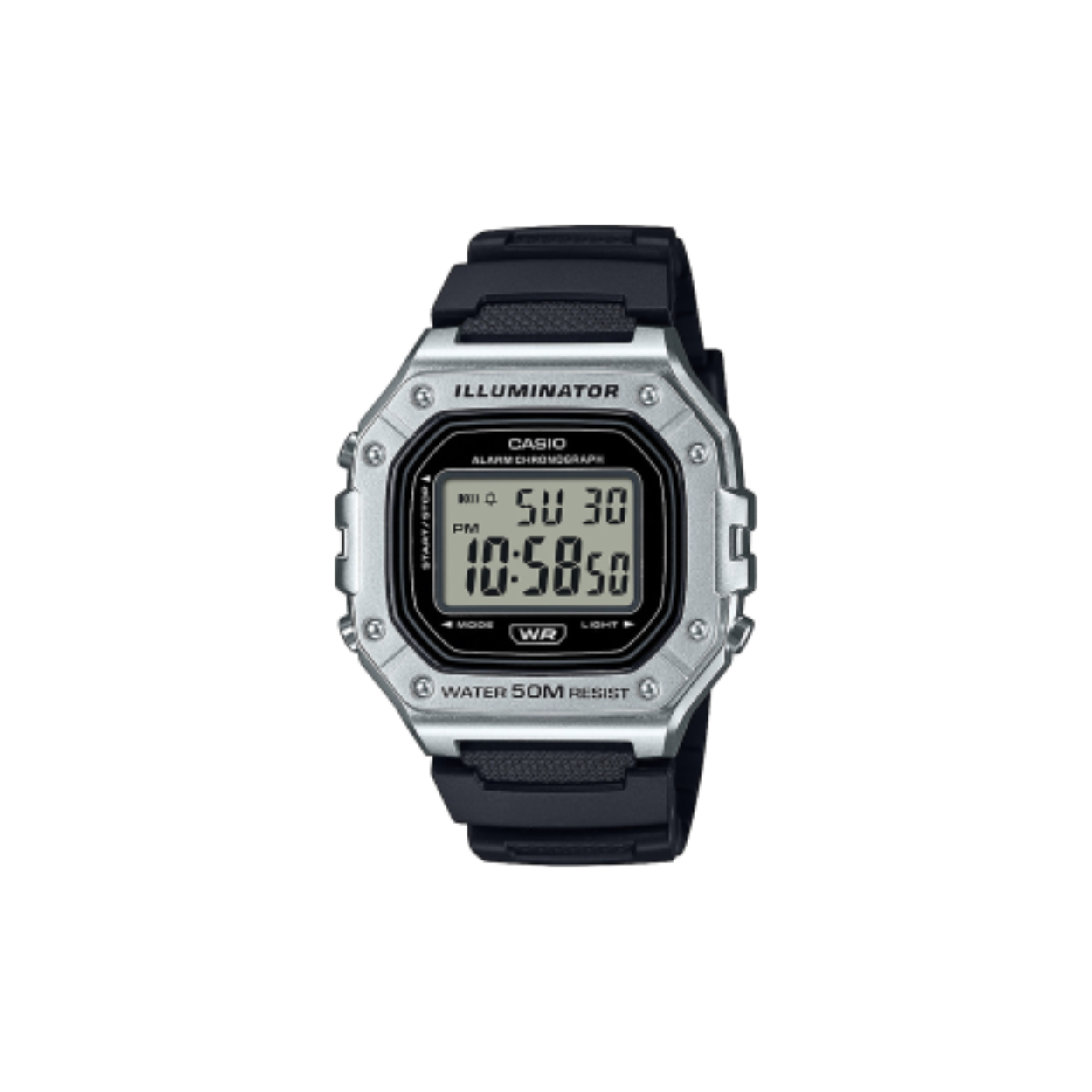 heren uurerk steel met zwart rubber band. Digitaal met chrono en alarm