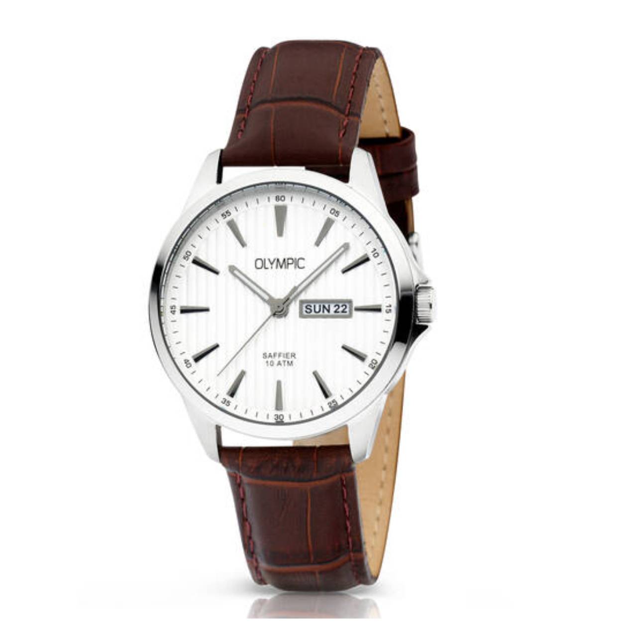 Olympic OL26HSL077 JOHN Horloge - Staal - Leer - Zilver - 41mm
Dit unieke Olympic horloge met artikelnummer: OL26HSL077 is een klassiek horloge. De ronde stalen kast heeft een gladde bezel en een zilverkleurige wijzerplaat met een dag,- en datum aanduiding. Aan de kast zit een bruine lerenband met een gespsluiting. Het horloge heeft een saffierglas een doorsnee van 41mm en is 10ATM. 

Waterdichtheid 10ATM
Dit horloge is bestand tegen water bij het zwemmen en douchen. Dit horloge is niet bestand tegen (grote) waterdruk dus je kunt er niet mee duiken.
Waterdichtheid  5ATM
Dit horloge is regen en spatwaterdicht. Niet geschikt om mee te zwemmen en douchen.
Waterdichtheid 3ATM
Dit horloge is spatwaterdicht. Niet geschikt om mee te zwemmen en douchen.

Het merk:
Een mooi horloge hoeft niet duur te zijn! Het Nederlandse horlogemerk Olympic levert stoere chronografen, slimline series, digitale uurwerken en elegante dameshorloges. De prijs-kwaliteitverhouding staat bij Olympic hoog in het vaandel met prijzen die uiteenlopen van € 34,95 tot en met € 159,00.

100% Nederlands ontwerp, waterdicht en standaard 3 jaar fabrieksgarantie.

Specificaties:
- Ronde kast 41mm
- Stalen horlogekast
- Zilverkleurige wijzerplaat
- Bruine leren band
- 10ATM 
- Standaard 3 jaar fabrieksgarantie
- Saffierglas