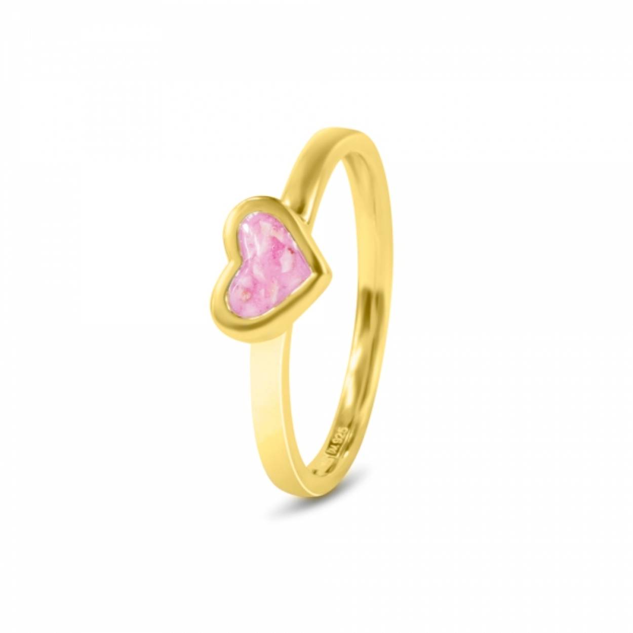 Zilveren ring, hart. Dit sieraad wordt zichtbaar aan de voorkant gevuld met as of moedermelk en wordt vermengd met onze speciale hars. 