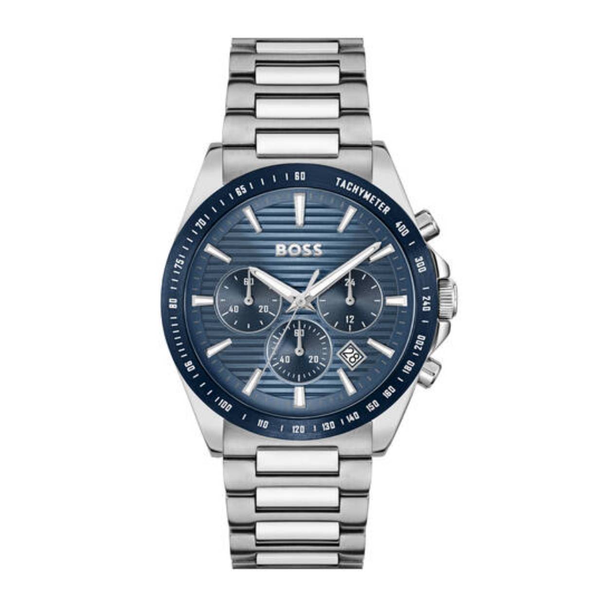 Op zoek naar een stijlvol horloge met een sportieve touch? Dan is de HUGO BOSS STRIKE CHRONO 41MM HB1514240 het perfecte horloge voor jou! Dit prachtige horloge heeft een analoge tijdaanduiding en wordt aangedreven door een betrouwbaar quartz uurwerk. Met een diameter van 41 mm en een hoogte van 10 mm heeft dit horloge een stoere uitstraling die perfect is voor zowel casual als formele gelegenheden.

De ronde behuizing van de HUGO BOSS STRIKE CHRONO is zilverkleurig en gemaakt van hoogwaardig roestvrij staal. De blauwe wijzerplaat geeft het horloge een moderne uitstraling en wordt beschermd door mineraalglas. De zilverkleurige band van roestvrij staal zorgt voor een comfortabele pasvorm en maakt het horloge helemaal af.

Dit horloge is niet alleen stijlvol, maar ook functioneel. Met de handige datumweergave vergeet je nooit meer welke dag het is. Bovendien is de HUGO BOSS STRIKE CHRONO waterdicht tot 5 bar, wat betekent dat je er gerust mee kunt douchen. De vlinder- of vouwsluiting zorgt ervoor dat het horloge veilig om je pols blijft zitten, zelfs tijdens de meest actieve bezigheden.

Als officieel verkooppunt van Hugo Boss kunnen wij garanderen dat dit horloge van topkwaliteit is en voldoet aan de hoge standaarden van het merk. Met de HUGO BOSS STRIKE CHRONO 41MM HB1514240 om je pols ben je altijd bij de tijd en zie je er tegelijkertijd modieus uit. Bestel dit prachtige horloge vandaag nog en voeg een vleugje luxe toe aan je outfit!