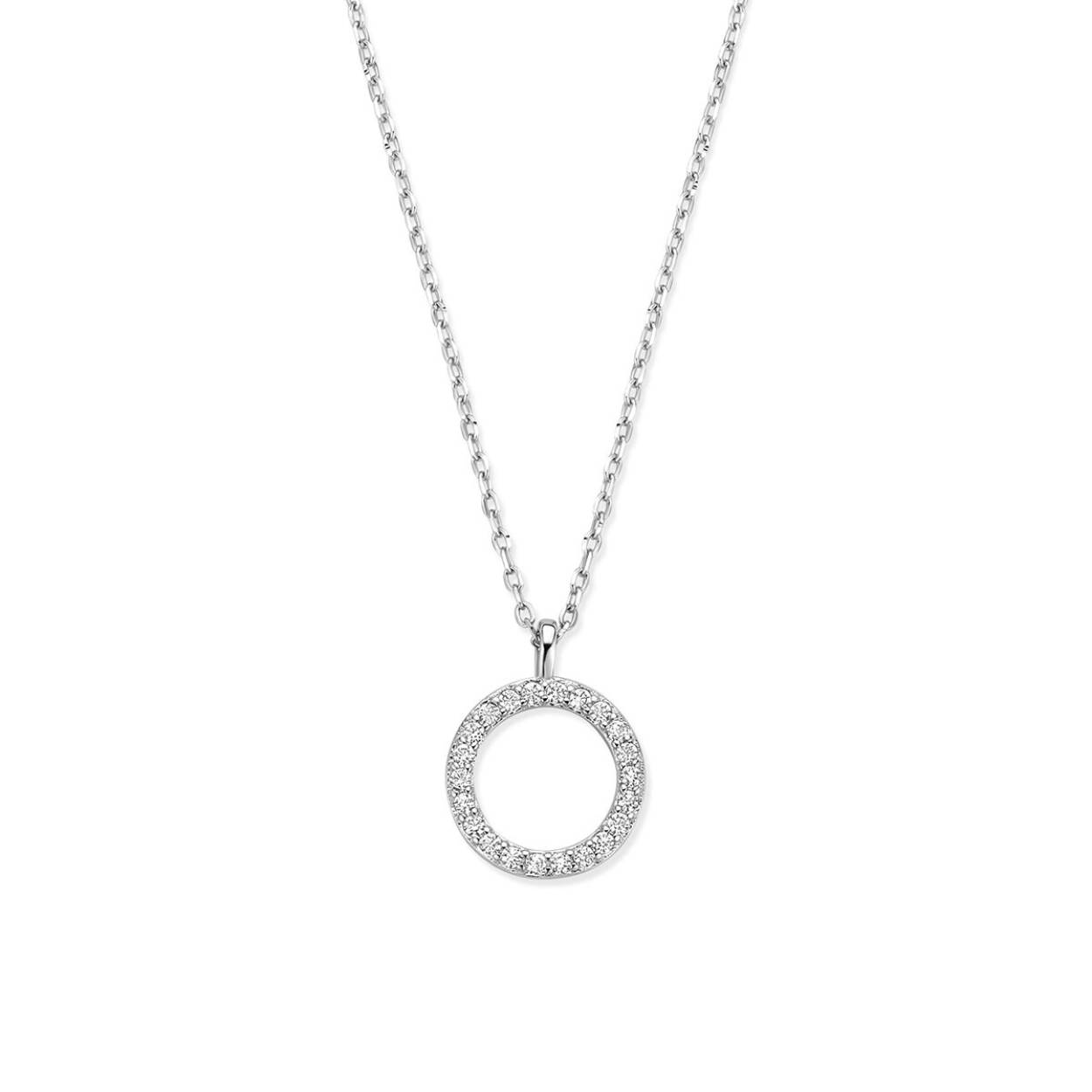 Gerhodineerd 925 zilveren collier uitgevoerd met zirkonia. Het collier heeft draaglengtes van 41-43-45cm.