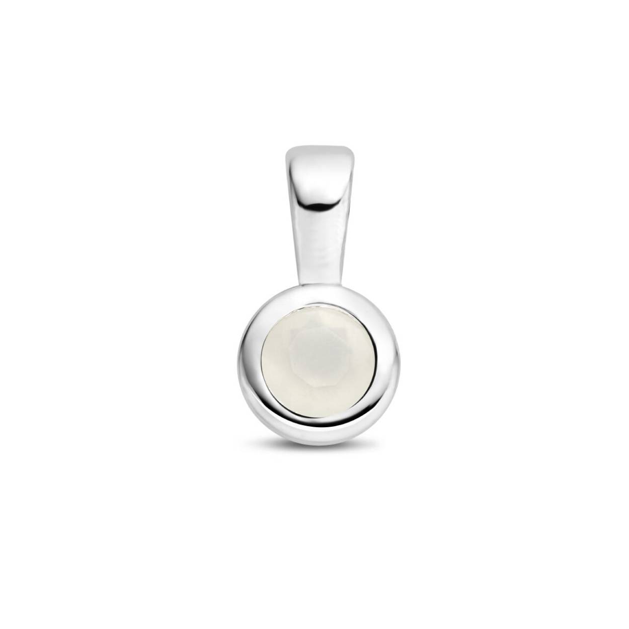 Gerhodineerd 925 geboortesteen zilveren hanger uitgevoerd met een schitterende maansteen. De hanger heeft een afmeting van 11x5.5mm. De maansteen heeft een steengewicht van 0.35ct.