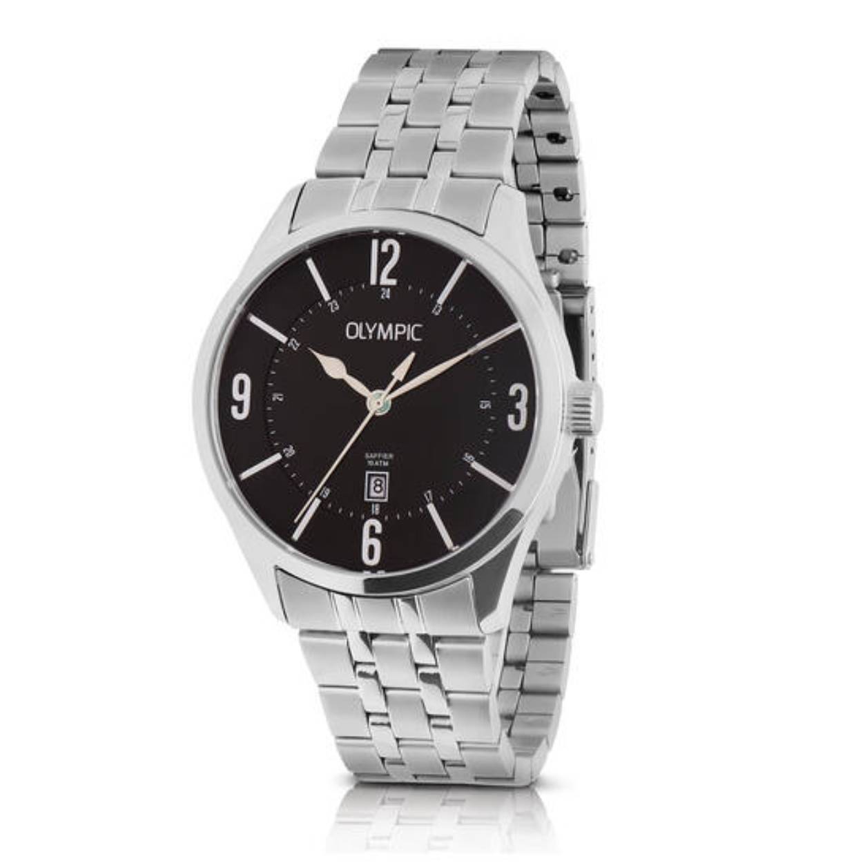 Olympic OL72HSS396 JURGEN Horloge - Staal -Staal - Zwart - 42mm 
Dit unieke Olympic horloge met artikelnummer: OL72HSS396 is een herenhorloge met een classic uitstraling. De stalen kast heeft een gladde bezel en een zwarte wijzerplaat met een datum. De uursaanduiding is opvallend door de sierlijke wijzers en de 3, 6, 9, en 12 in het arabisch. Dit geeft het horloge een chique uiterlijk. Aan de stalen kast zit een stalen schakelband met een vouwsluiting. Het horloge heeft een mineraalglas, een doorsnee van 42mm en is 10ATM.

Waterdichtheid 10ATM
Dit horloge is bestand tegen water bij het zwemmen en douchen. Dit horloge is niet bestand tegen (grote) waterdruk dus je kunt er niet mee duiken.

Het merk:
Een mooi horloge hoeft niet duur te zijn! Het Nederlandse horlogemerk Olympic levert stoere chronografen, slimline series, digitale uurwerken en elegante dameshorloges. De prijs-kwaliteitverhouding staat bij Olympic hoog in het vaandel met prijzen die uiteenlopen van € 34,95 tot en met € 159,00.

100% Nederlands ontwerp, waterdicht en standaard 3 jaar fabrieksgarantie.

Specificaties:
- Ronde kast Ø 42mm
- Stalen horlogekast
- Zwarte wijzerplaat
- Stalen schakelband
- 10ATM 
- Standaard 3 jaar fabrieksgarantie
- Mineraalglas