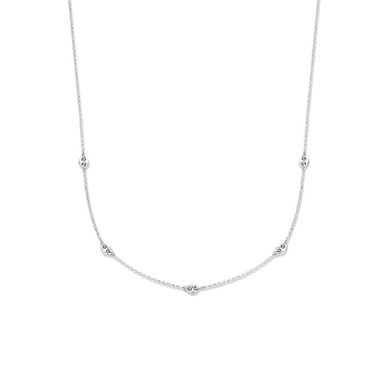 Gerhodineerd 925 zilveren collier met schakelachtige elementen 5.5x7mm. Het collier heeft een draaglengte van 41cm en een extensie van 4cm. Uitgevoerd met een karabijn sluiting.