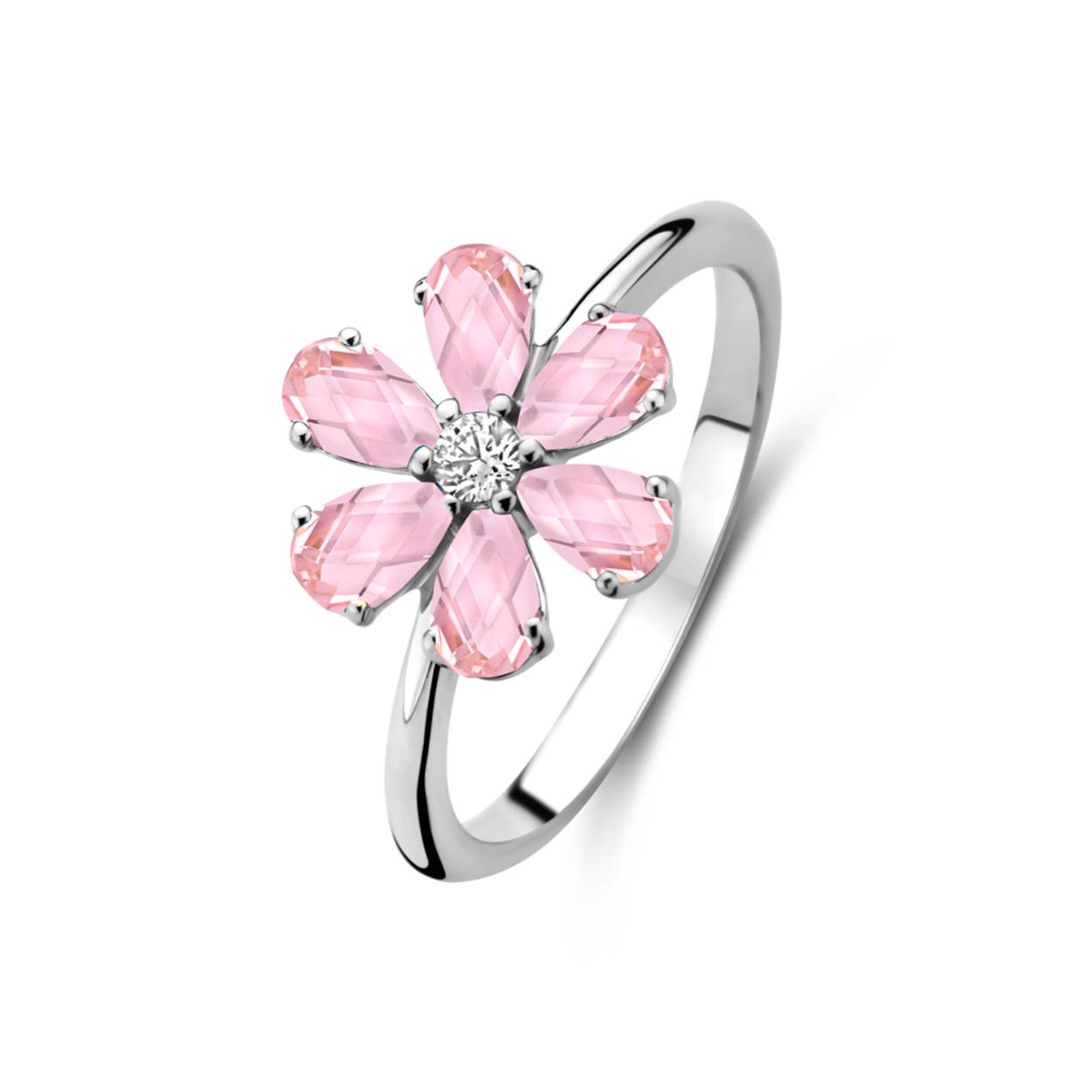 Zilveren ring met roze zirkonia in bloemvorm 
