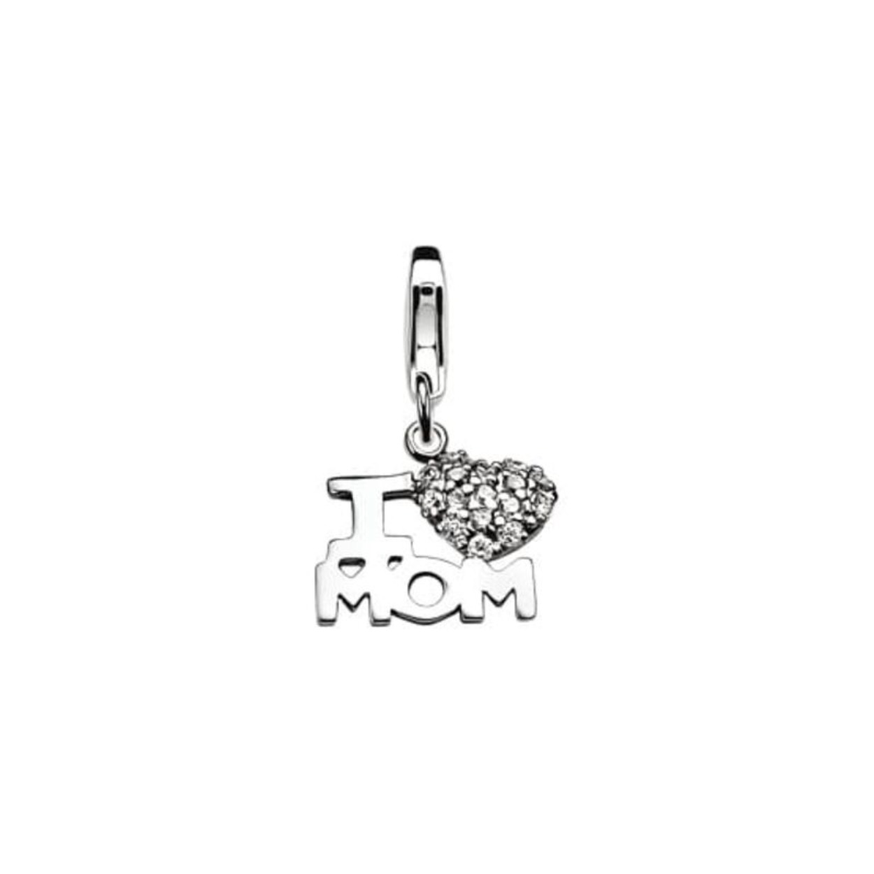 ZINZI Charm zilver 'I love mom' met zirkonia. Iedere Zinzi charm heeft een mooie sluiting, om gemakkelijk aan armband of ketting te bevestigen. De charm is vervaardigd van eerste gehalte zilver (925) en voorzien van een extra rodiumlaag.