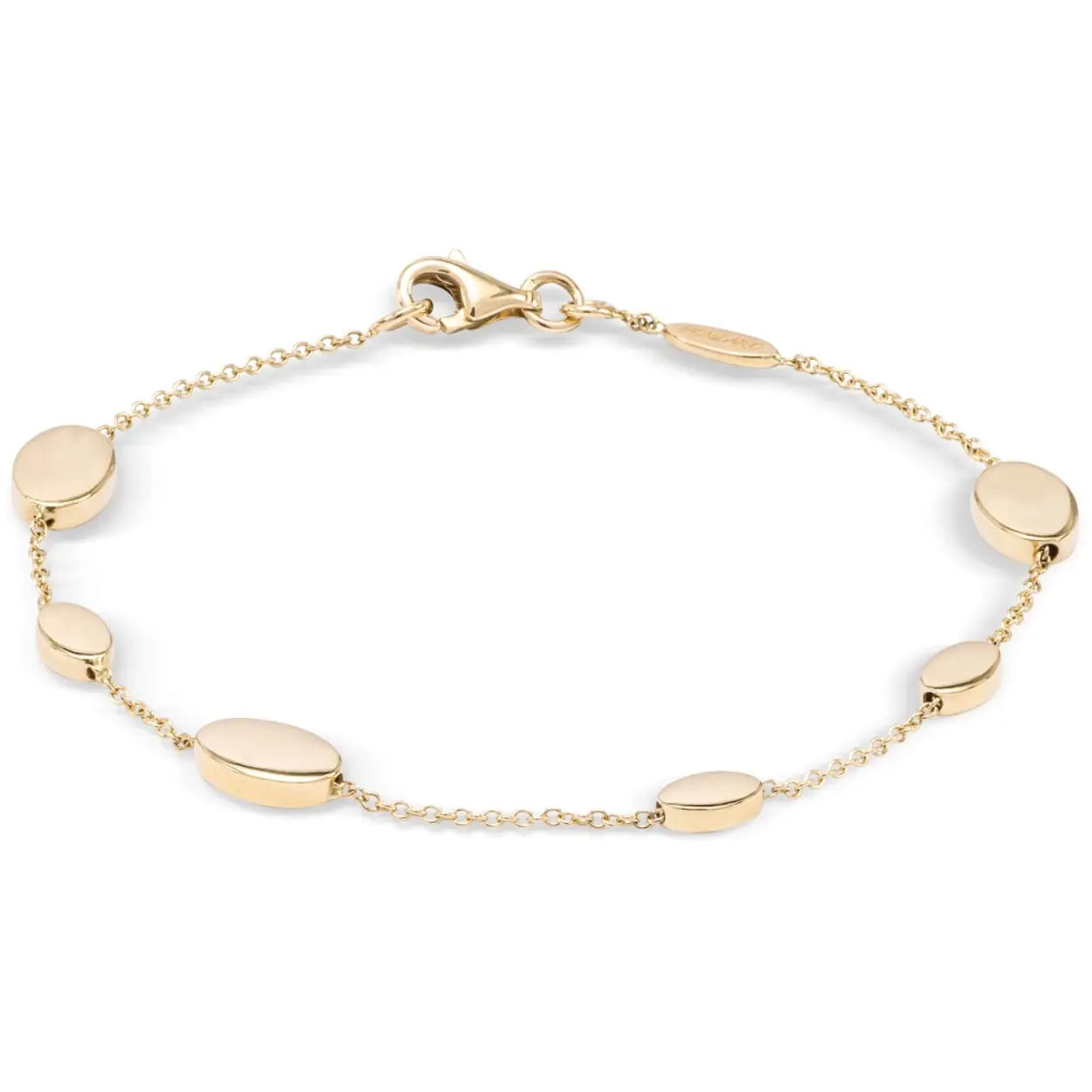 Monzario  14krt geelgouden fantasie armband  1025AGEEL.De armband heeft glanzende ovale fantasie schakels. De schakels zijn verbonden door anker schakels.