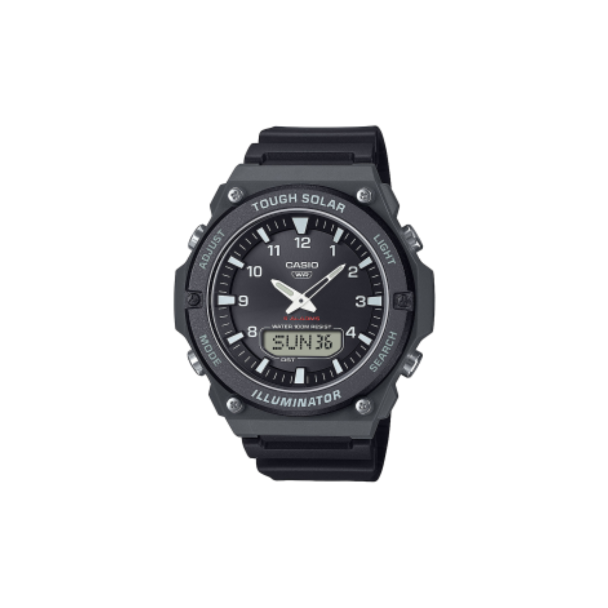 heren uurwerk zwarte kast met rubberband zwart. analoog en digitaal met alarm en chrono