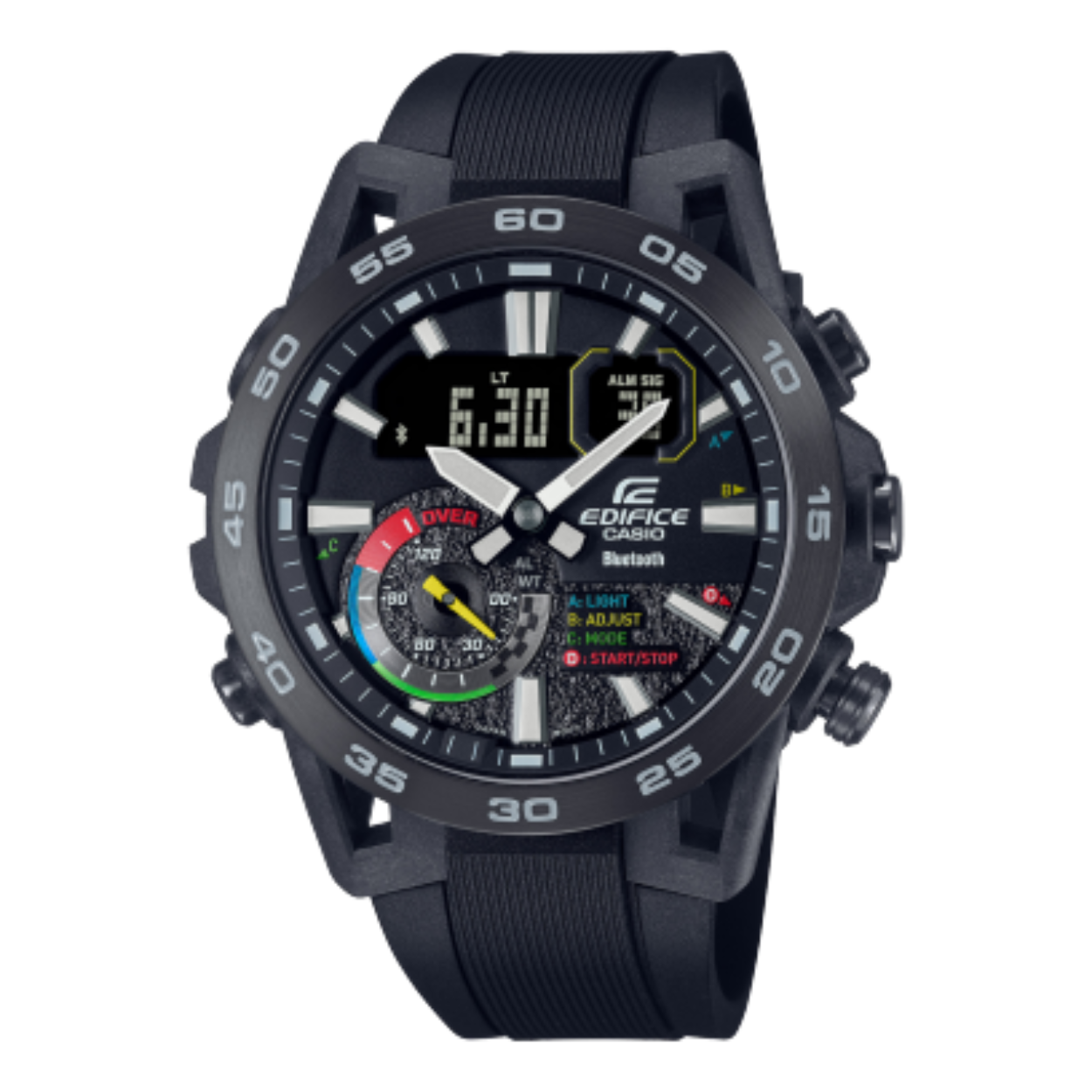 Dit Casio horloge behoort tot de Edifice collectie.
Referentienummer: ECB-40MP-1AEF

Maak kennis het beste motorsporthorloge. De EDIFICE SUSPENSIONE ECB-40 heeft het allemaal; vorm, functionaliteit en verfijning. Het horloge beschikt over een horlogekast van met koolstofvezel versterkt hars en Smartphone Link. Het unieke ontwerp van de kast is geïnspireerd op de wielophanging van racewagens, met vier draagarmen in een dubbele gevorkte ophanging, twee boven en twee onder. Met koolstofvezel versterkte hars zorgt voor een lichte, maar toch sterke kast. Dankzij Smartphone Link maakt dit bijzondere uurwerk automatisch verbinding wanneer het binnen het bereik van een gekoppelde smartphone komt. Gebruik de speciale app voor toegang tot de functies die zo belangrijk zijn voor raceteams, zoals automatische nauwkeurige tijdregistratie, moeiteloos beheer van de wereldtijd en het overzetten naar je smartphone van de stopwatchgegevens van tot wel 200 rondetijden die op de milliseconde zijn gemeten. Het dubbele ledlicht met hoge lichtsterkte van de Super Illuminator verlicht het digitaal-analoge display, zodat het zelfs in het donker goed leesbaar is.