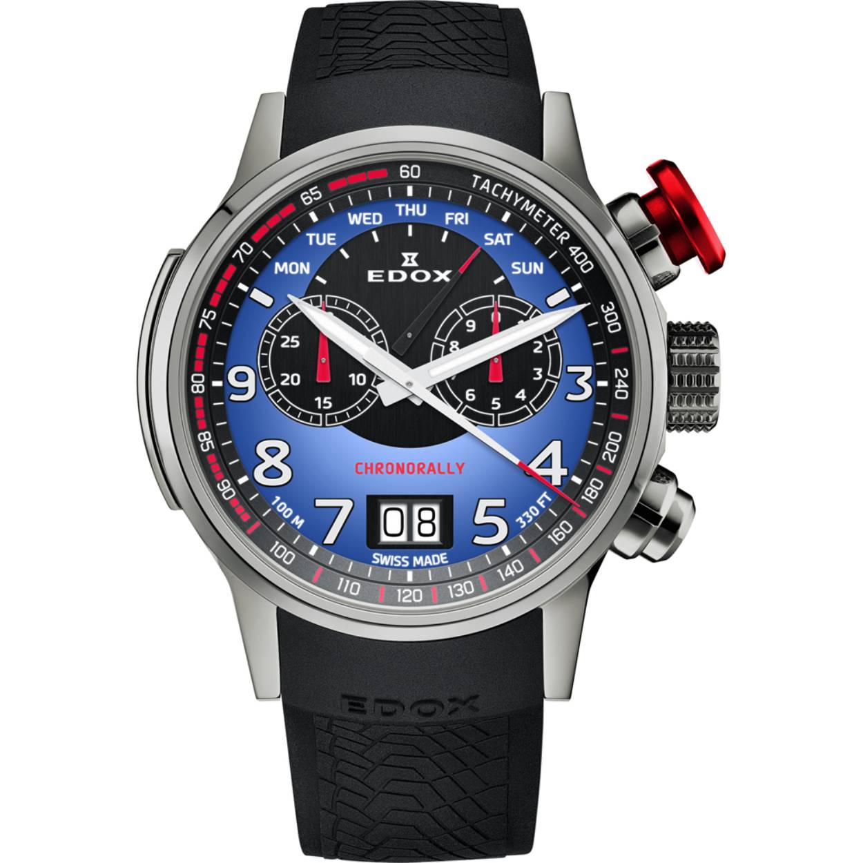 De Edox Chronorally Chronograph Limited Edition 38001 TINR BUDN is een sportieve quartz chronograaf met spannende designelementen