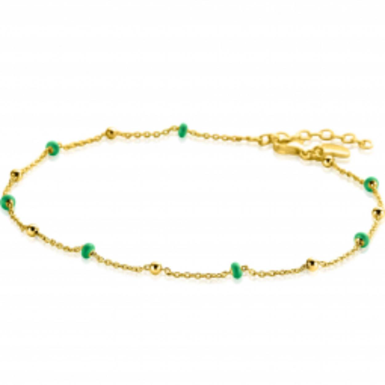 Zinzi zilver verguld enkelbandje met groene bolletje en een lengte van 23-27cm.