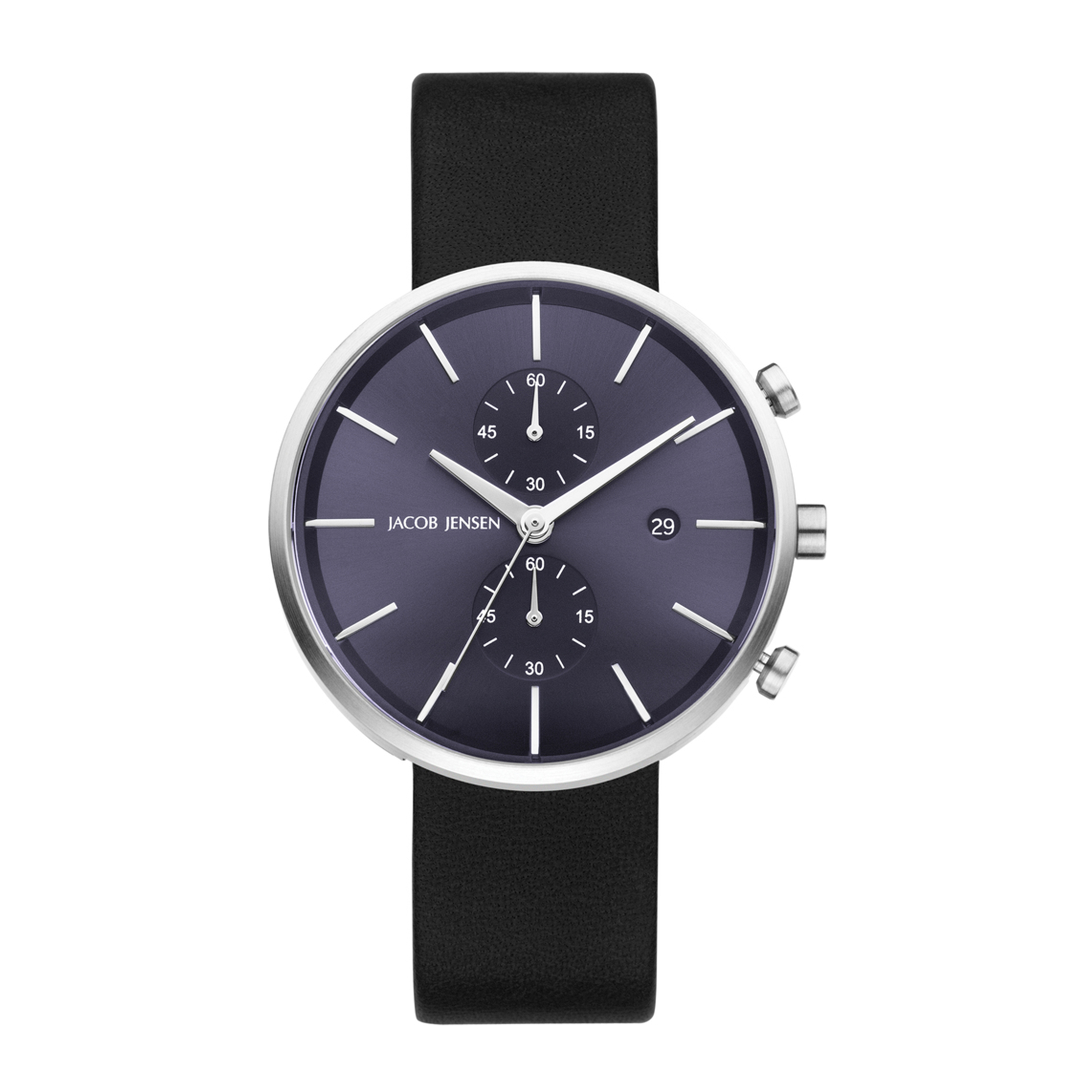 Een Chronograph van Jacob Jensen en niet zomaar eentje. Prachtige kleur wijzerplaat maakt dit een bijzondere uitvoering. Saffierglas en zacht lederen band completeren dit geheel.
