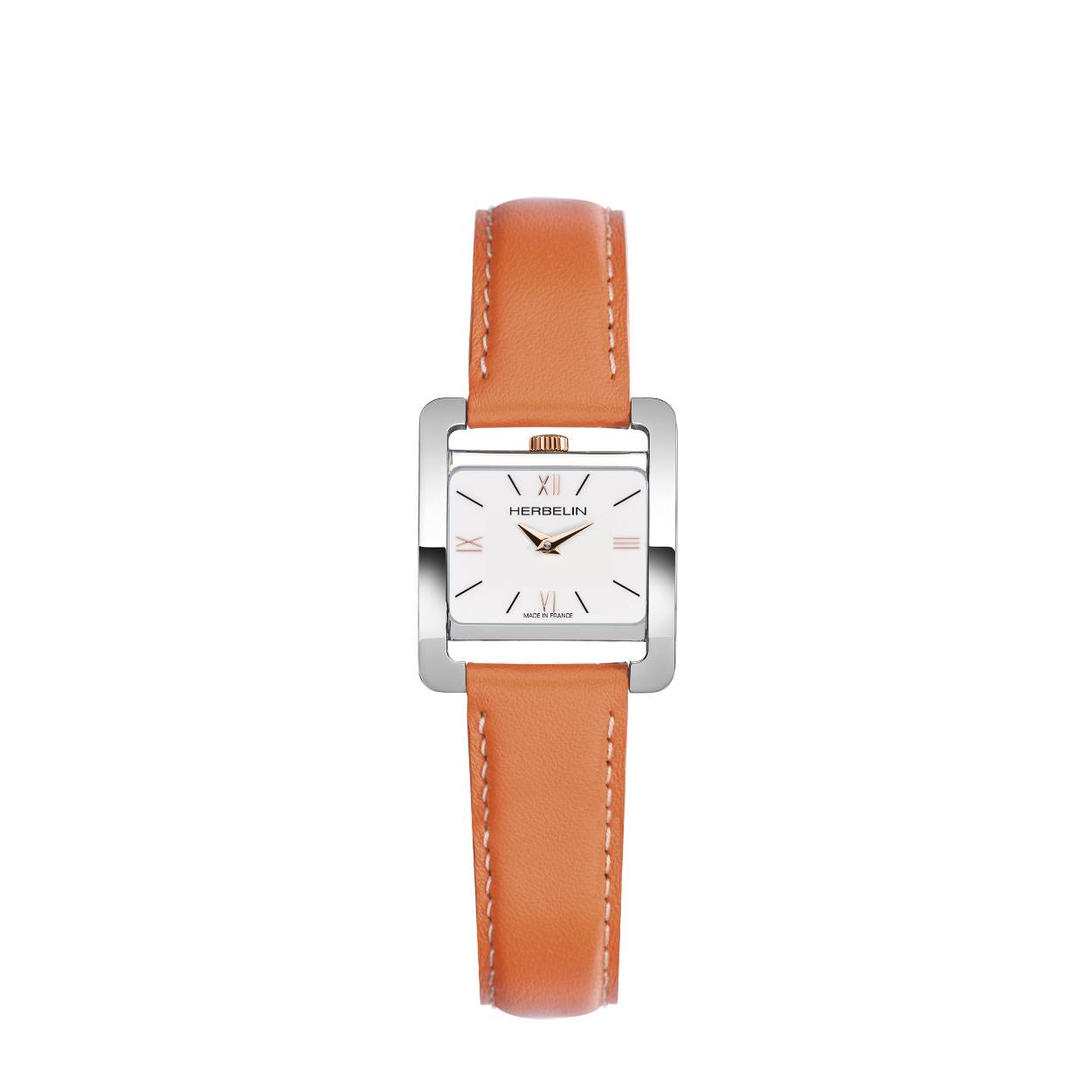 5ème Avenue, een verfijnd horloge om met elegantie een urban-chique look te complementeren.
Deze Herbelin-horloge onderscheidt zich met stijl door de kroon op 12 uur. Een rechthoekige, opengewerkte stalen kast maakt hem uniek. Dit 5ème Avenue-model, met een oranje dubbelbandje met ecru stiksels, past perfect bij de vrouwelijke pols.
