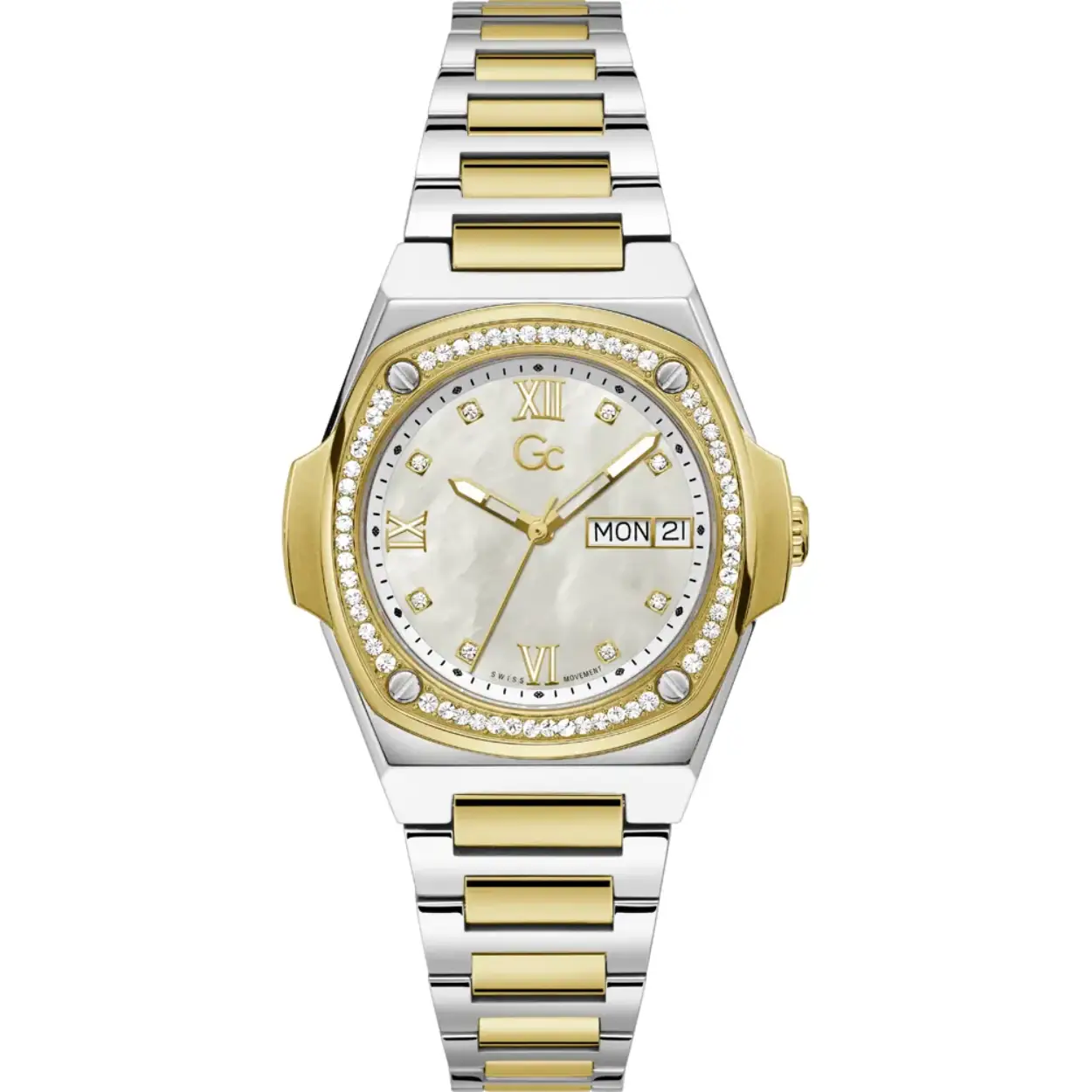 GC dames horloge bicolor met een parlmoer wijzerplaat  en dag en datum aanduiding met steentjes in de lunette.