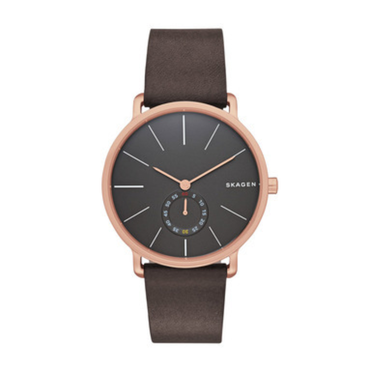 Dit horloge is van het merk SKAGEN. Net als vele horloges van dit merk heeft deze een kenmerkende dunne kast van maar 8mm. 
De band is gemaakt van leder en is donkerbruin van kleur. De horloge kast is gemaakt van roestvrij staal en is roségoud van kleur. 
De wijzer plaat is zwart, met roségouden wijzers en onderaan heeft hij een secondewijzer in een aparte subdial. 
