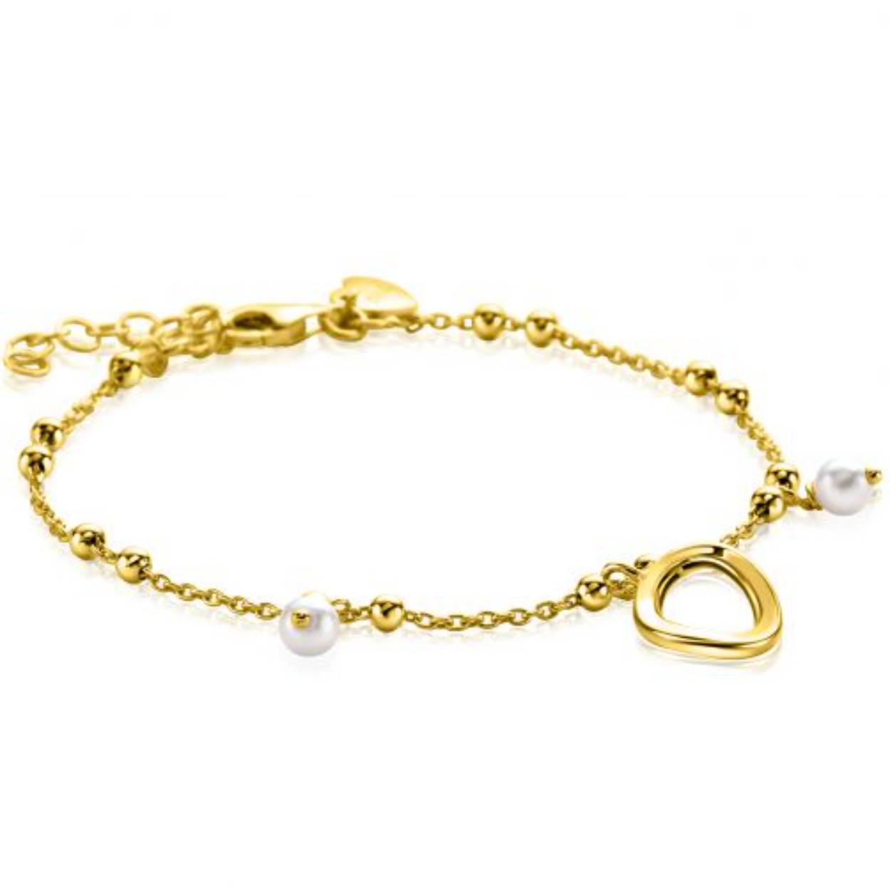 ZINZI gold plated zilveren fantasie armband met 15 kleine bolletjes, twee bungelende witte pareltjes en met speelse organische open vorm in het midden. De lengte is te variëren tussen 17 en 20cm. Vervaardigd van eerste gehalte zilver (925) en extra geelverguld.
