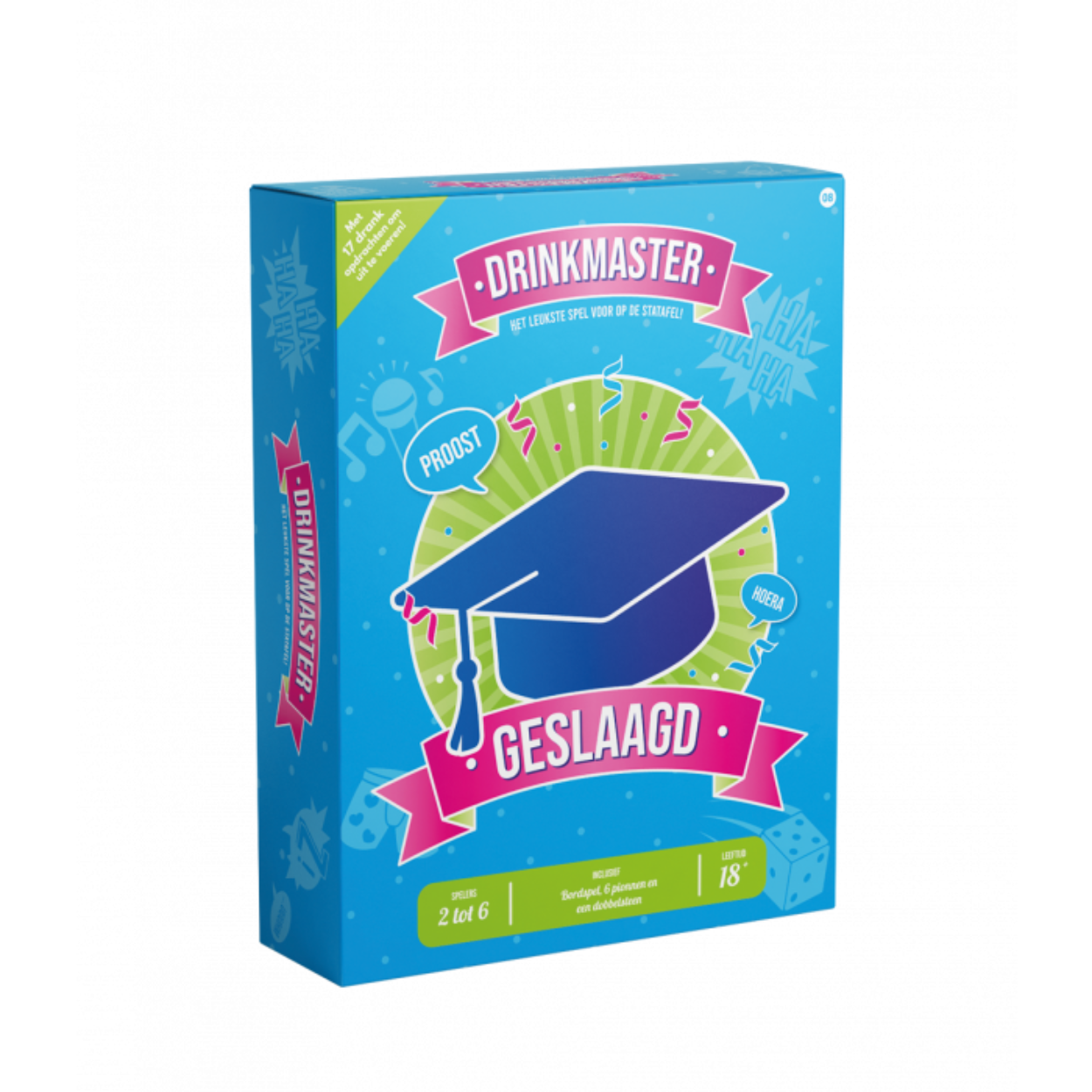 Dit Drinkmaster spel is het ideale spel op het feestje van iemand die zijn of haar 18e verjaardag viert. Leg het Drinkmaster 18 spel op een statafel (of ronde tafel) en je weet zeker dat het een gezellig feestje gaat worden. De dobbelstenen en pionnen zijn inbegrepen en op het speelbord zijn de spelregels en de grappige opdrachten te vinden. Het spel heeft een diameter van 82,5 centimeter. 