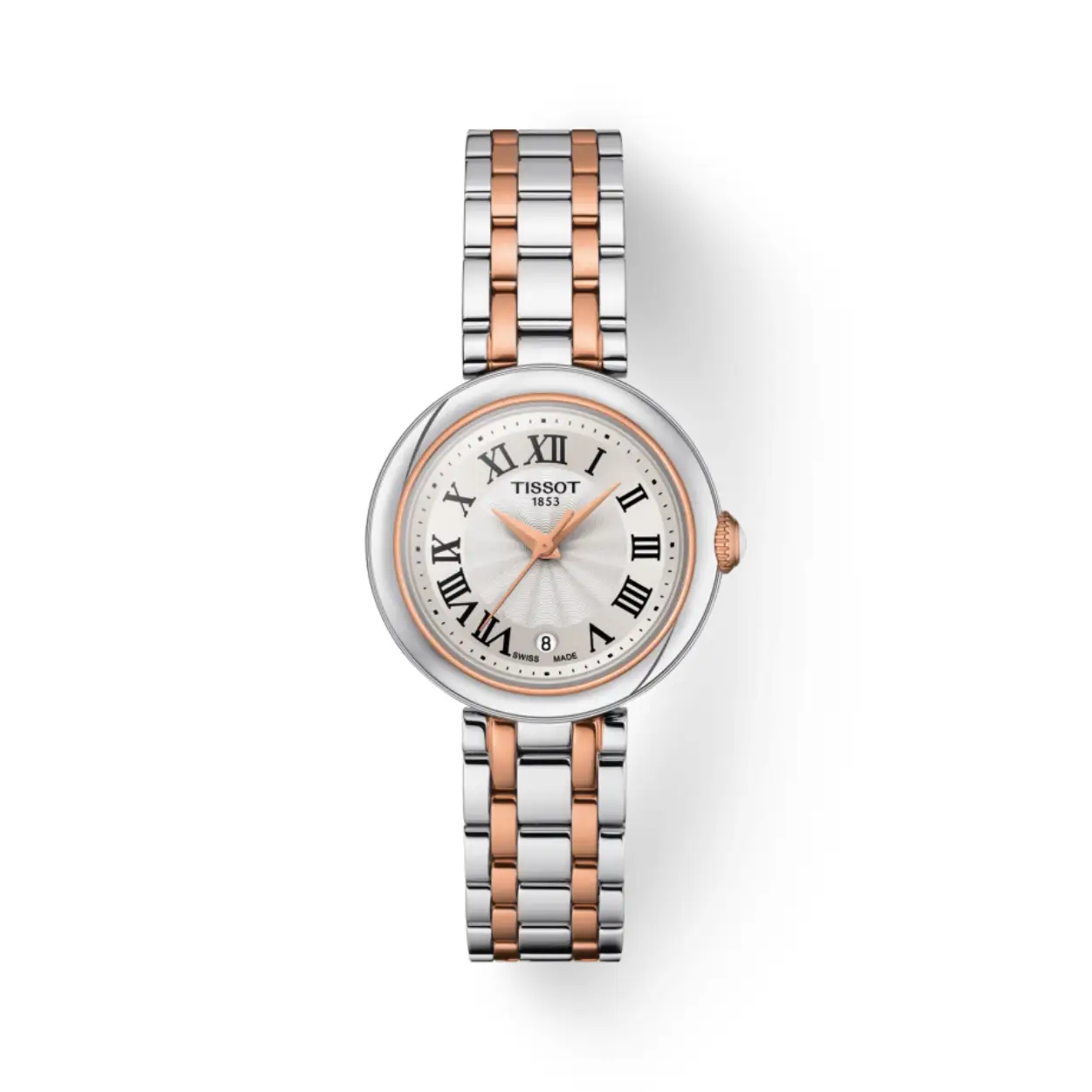Klassieke ontwerpen komen niet tijdlozer dan de Bellissima Small Lady. De ronde kast en de vijfschakelige armband zijn van staal, met accenten in warm ros&eacute;goudkleurig die het horloge zijn luxueuze uitstraling en veelzijdigheid van dag tot nacht geven. Het horloge heeft een zilverkleurige wijzerplaat met Romeinse cijfers en een prachtig guilloch&eacute;patroon in de vorm van een roos, terwijl de oogverblindende witte keramische cabochon die in de kroon is gezet, het laatste detail is. Met deze elegante details zal de Bellissima Small Lady haar eraan herinneren dat je elke dag van haar houdt.

Diameter:26 mm
316L roestvrijstalen kast 
Zwitsers kwartsuurwerk
Gebold krasbestendig saffierglas met antireflecterende coating