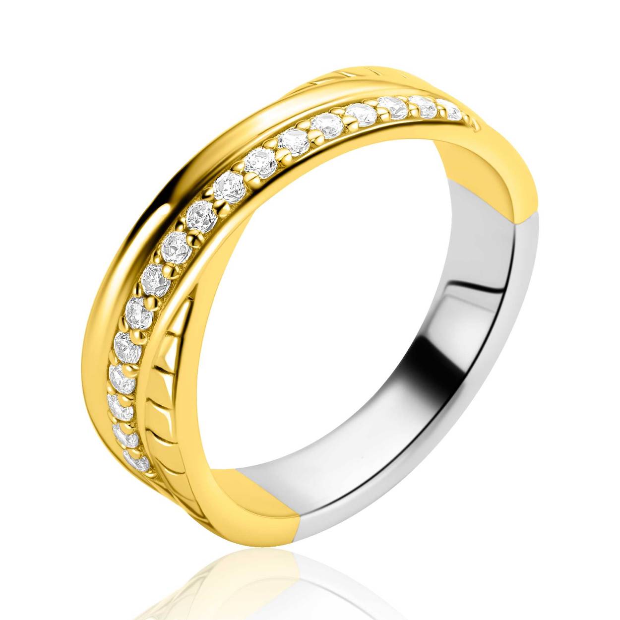 ZINZI goldplated zilveren brede cross-over ring glad witte zirkonia's ZIR2801-54