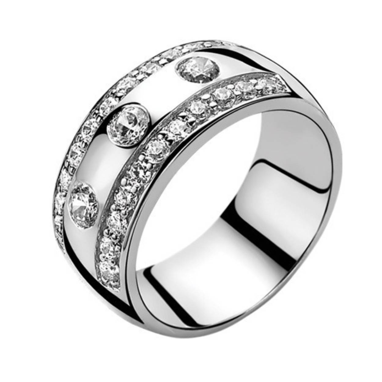 ZINZI zilveren ring met in het midden drie ronde zirconia steentjes. De ring is 9mm breed. Vervaardigd van eerste gehalte zilver (925) en met extra rodiumlaag voor een langdurige glans.