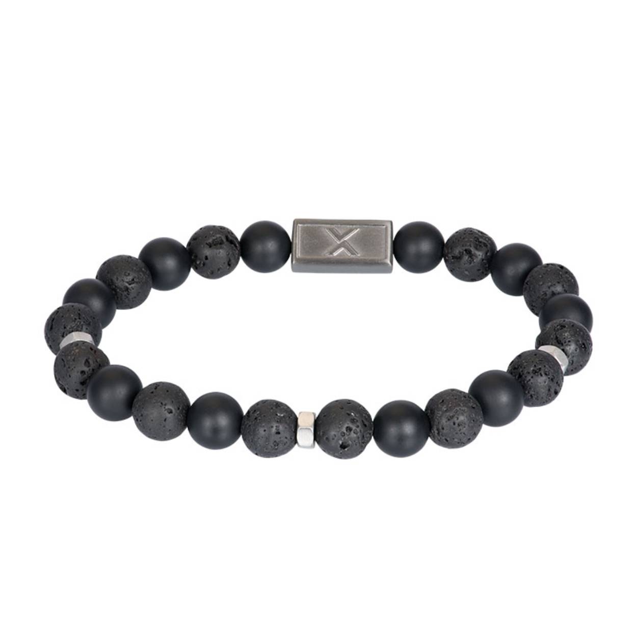 De iXXXi MEN armband Mex bestaat uit een combinatie van stainless steel in de kleur antiek zilver en matzwarte en zwart kleurige kralen. De bracelet is een kralen armband met verschillende soorten ronde, matzwarte en zwarte kralen die afgewisseld worden met een aantal mat zilverkleurige, stalen details. In het midden van de armband bevindt zich een langwerpig stalen detail in de kleur antiek zilver met een 'X' erop gegraveerd. De iXXXi heren armband Mex is door middel van elastiek draagbaar in de maten 20 en 21. Mix en match met verschillende armbanden uit de iXXXi MEN collectie en maak zo jouw look compleet!