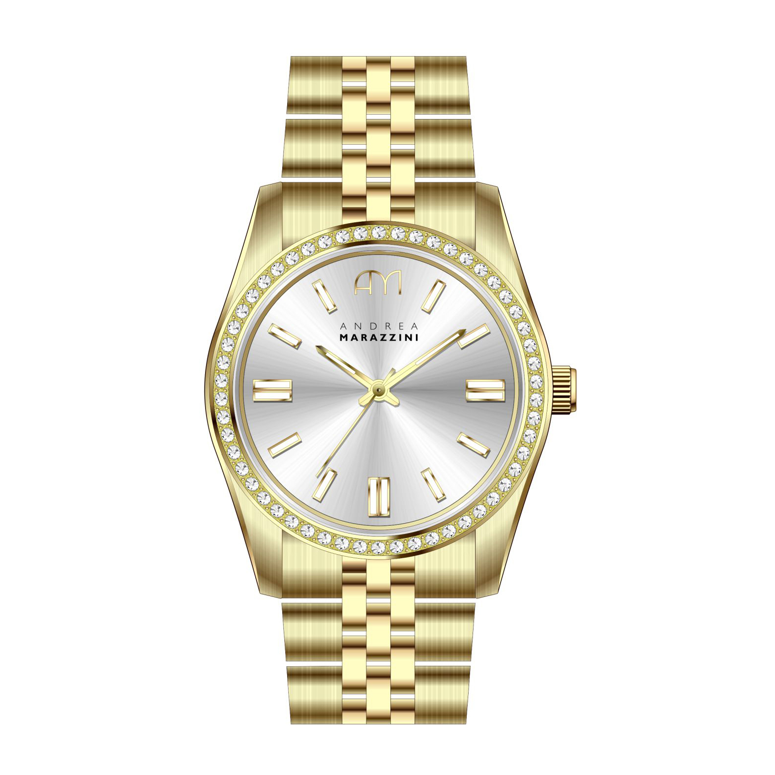 Silver Sunray Dial - Andrea Marazzini Watch van de Prestige Collection.

Glanzende Stainless Steel band met witte stenen in het uurwerk.

5 ATM water resistant.