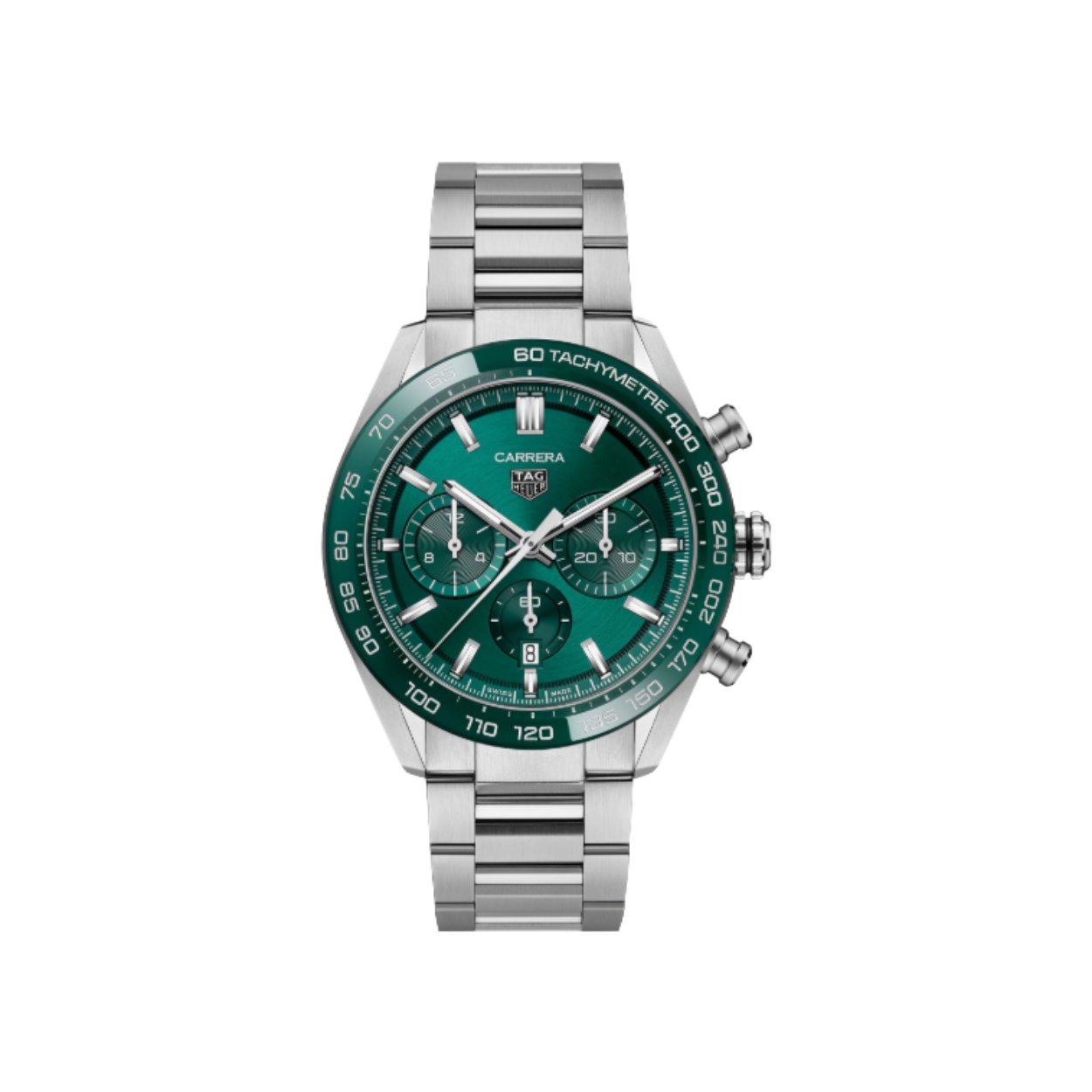 Dit TAG Heuer horloge behoort tot de Carrera collectie.
Referentienummer: CBN2A1N.BA0643

Dit ronde, klassieke TAG Heuer carrera horloge krijgt een trendy allure met een opvallende groene wijzerplaat en bijpassende keramische bezel. Het Sportieve ontwerp en monochrome kleurenschema dragen bij aan de aantrekkingskracht van dit avontuurlijke horloge.

De ronde, geborstelde wijzerplaat en de bijpassende vastebezel met tachymeter, gedrapeerd in intens groen, zorgen ervoor dat de gerhodineerde wijzers en indexen prachtig opvallen.

De 44mm kast van fijn geborsteld staal past perfect bij het afgeschuinde koepelvormige saffierglas met dubbele antireflectielaag.

Uw TAG Heuer is 24 maanden na aankoop beschermd onder fabricagegarantie. Door het horloge te registreren op MyTAGHeuer kunt u deze garantieperiode met nog eens 3 extra jaar verlengen!