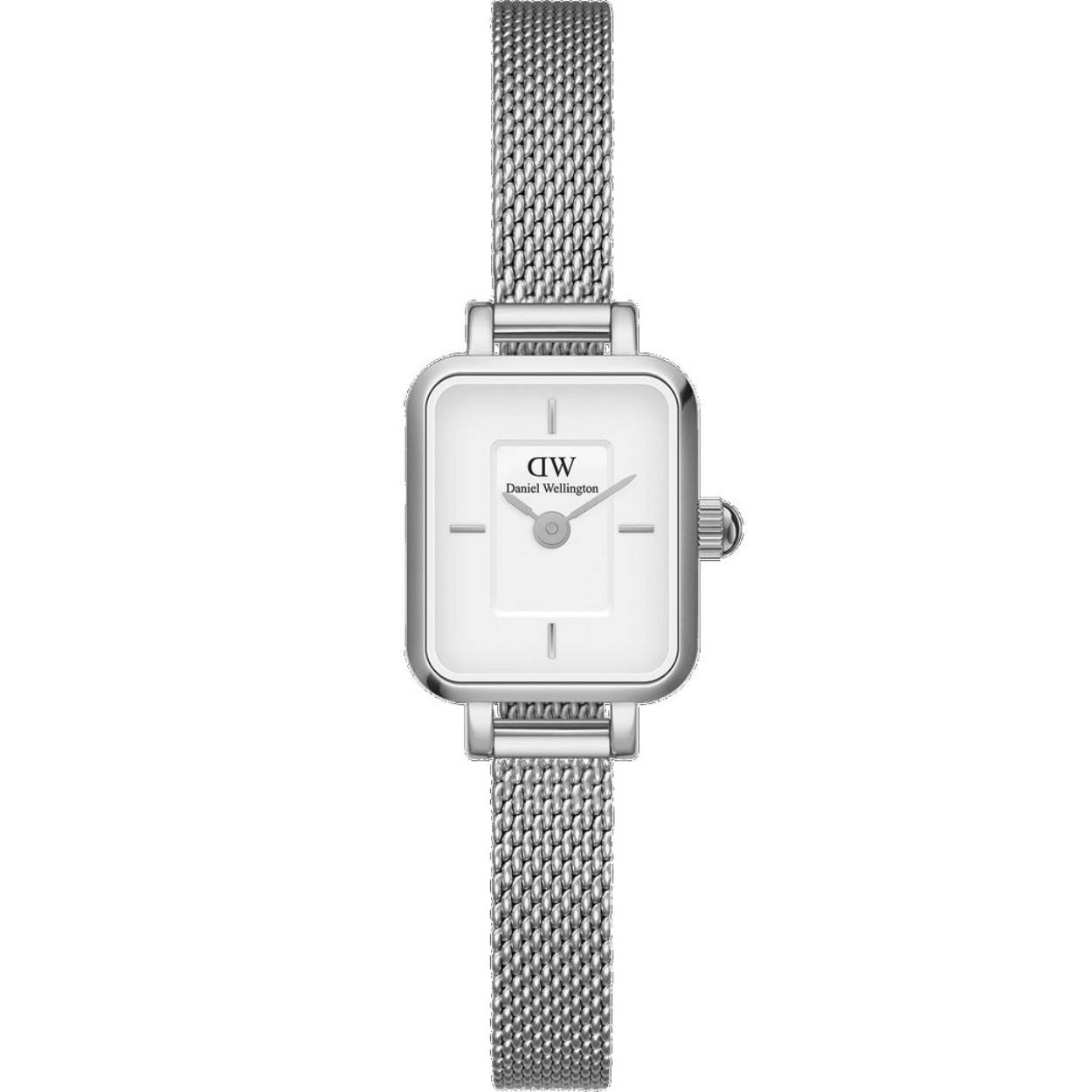 De coole hoekjes van Quadro, verkleind tot ons kleinste horloge ooit. Deze versie van Quadro Mini heeft onze meest klassieke kleurstelling, met een verwisselbare zilveren mesh-band.