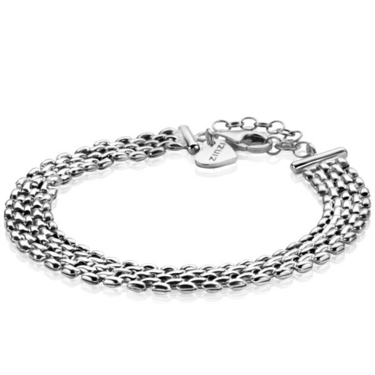 ZINZI zilveren armband met brede rolex-style schakels van 8mm breed. De lengte van de armband is te variëren tussen 16,5 en 20cm door het handige verlengkettinkje. Bij sluiting herkenbaar ZINZI, door het zilveren Zinzi hartje. Vervaardigd van eerste gehalte zilver (925) en voorzien van een extra rodiumlaag voor een langdurige glans.