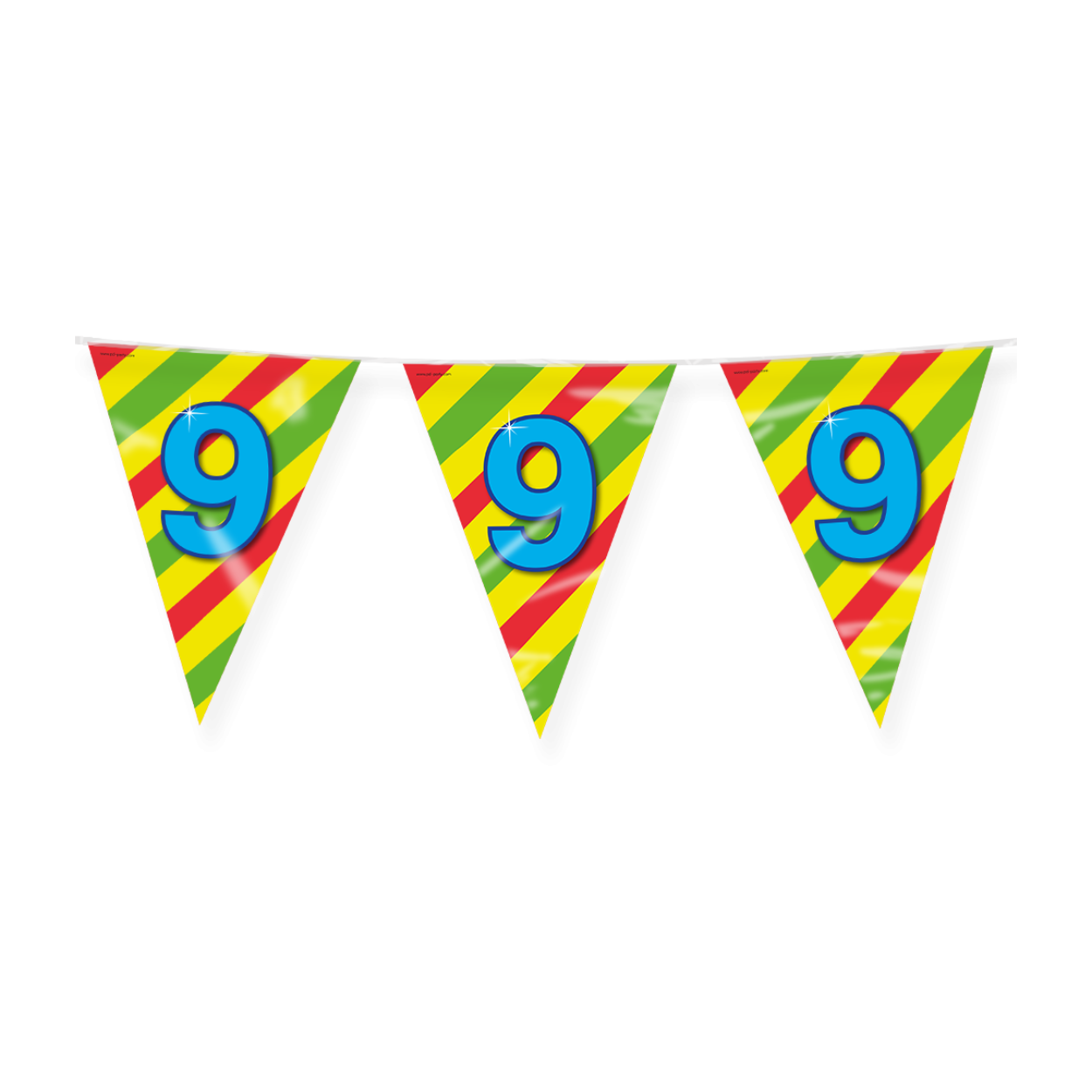 De Happy party flags 9 zijn de ideale versiering op de verjaardag van een 9-jarige. Door de vrolijke kleuren vallen deze party vlaggen dan ook extra goed op! De aan beide kanten bedrukte vlaggetjes zijn gemaakt van folie, hebben een lengte van 10 meter.