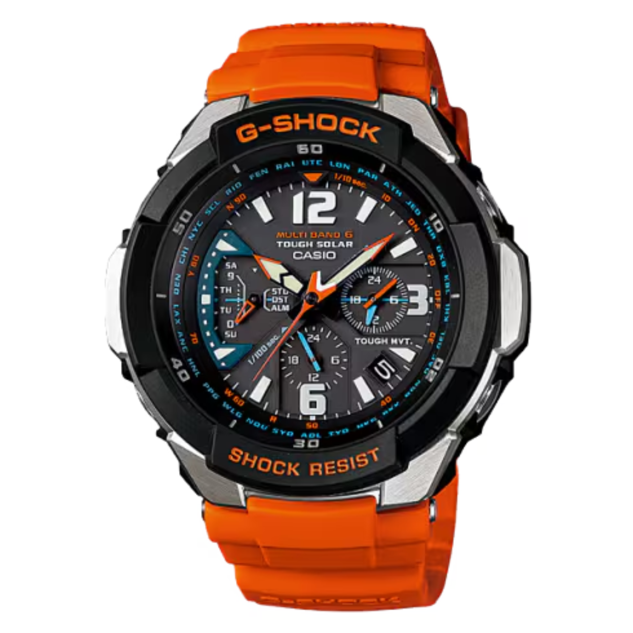 Casio G-Shock horloge, Tough Solar, Radio controlled, oranje rubber band, staal/zwarte kast, donkere wijzerplaat met blauw/oranje accenten.