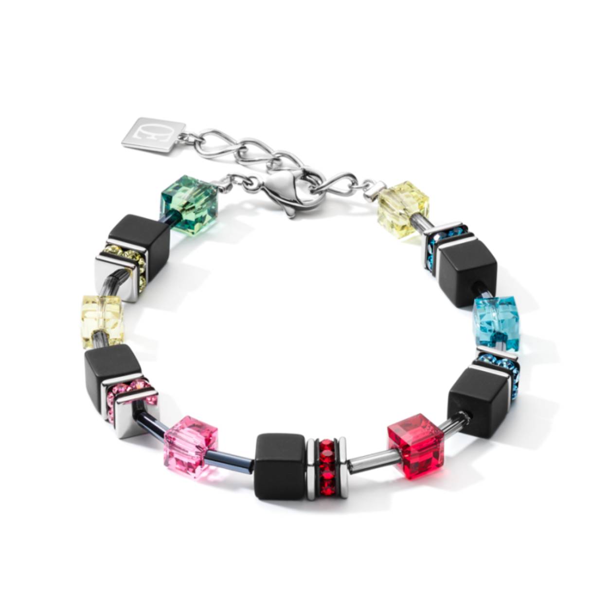 GEOCUBE armband met mat onyx, Swarovski kristallen en strass rondellen in regenboog kleuren.