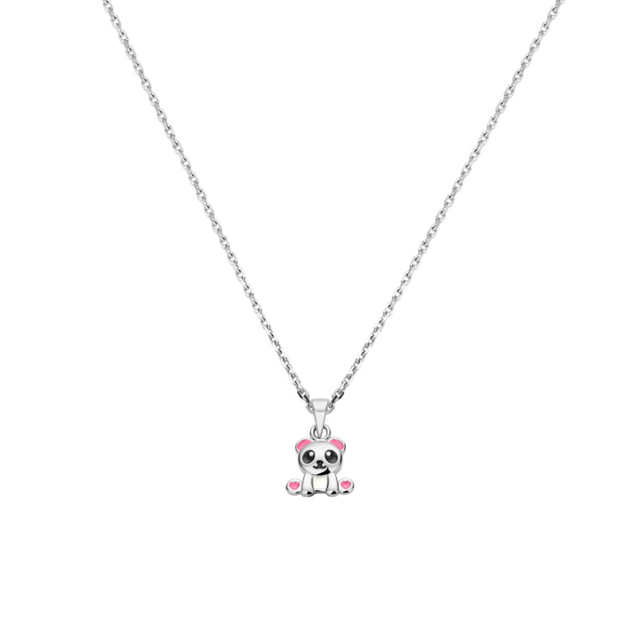 Gerhodineerd 925 zilveren collier uitgevoerd met een panda hanger en een karabijn sluiting. Het collier heeft een draaglengte van 36cm en een extensie van 4cm. De schakelbreedte is 1.1mm.