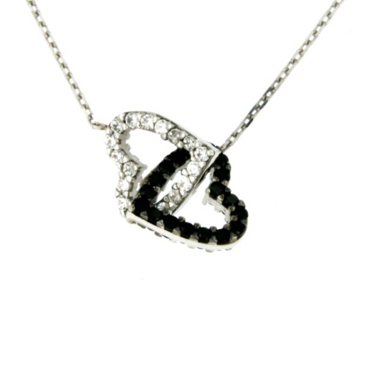 14k gouden collier, Dubbel Hart Zirkonia en onyx