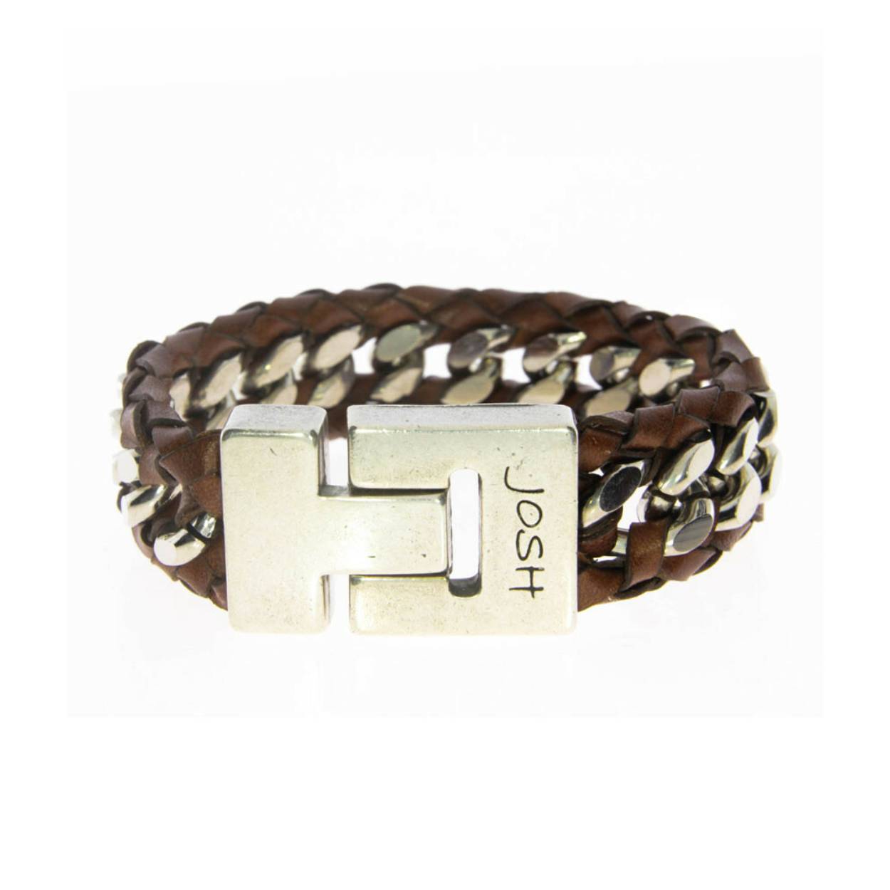 Josh armband leder verzilverd bruin, gourmet staal 24514BR