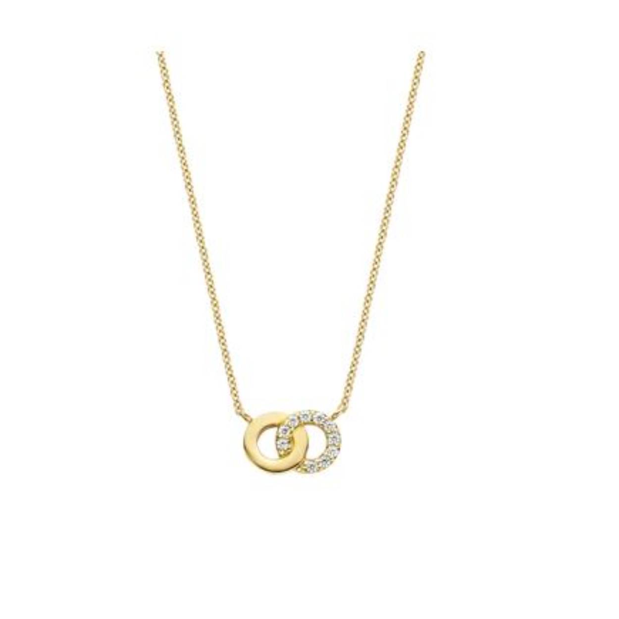 Collier 3126YZI - 14k Geelgoud met zirkonia
In dit bijzondere 14k geelgouden collier grijpen twee ringen in elkaar. Een van de ringen is bezet met zirkonia’s die gezet zijn in een pavé zetting. Het collier heeft een totale lengte van 42 cm. Een prachtig sieraad om cadeau te doen aan een geliefde of aan jezelf.