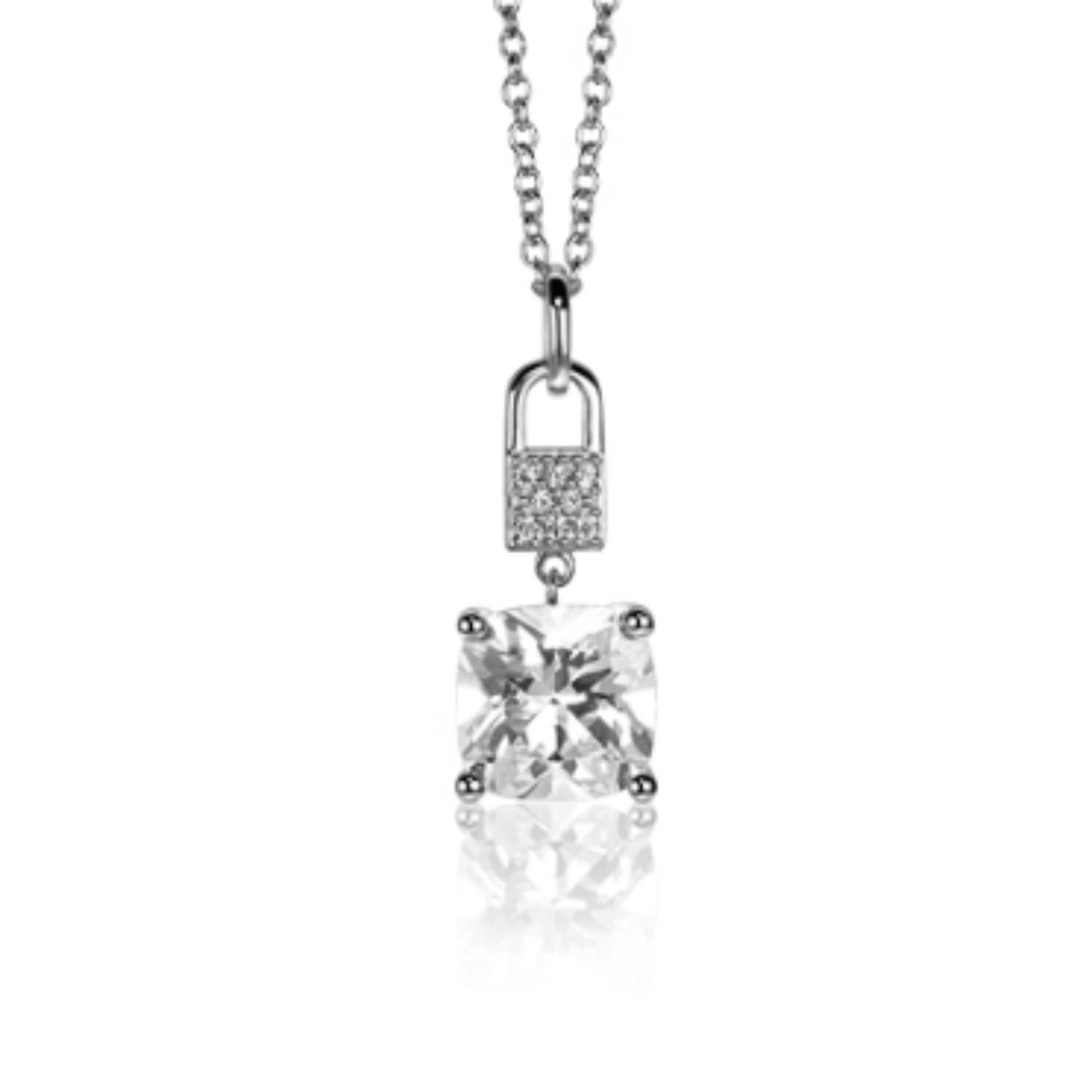 ZINZI zilveren hanger met een vierkante witte zirconia in vierpoots-zetting en daarboven een schitterende pavé-zetting. De hanger is 24mm lang en 9mm breed. Combineer met een ketting naar wens. De hanger is exclusief collier geprijsd. Vervaardigd van eerste gehalte zilver (925) en voorzien van een extra rodiumlaag voor een langdurige glans.