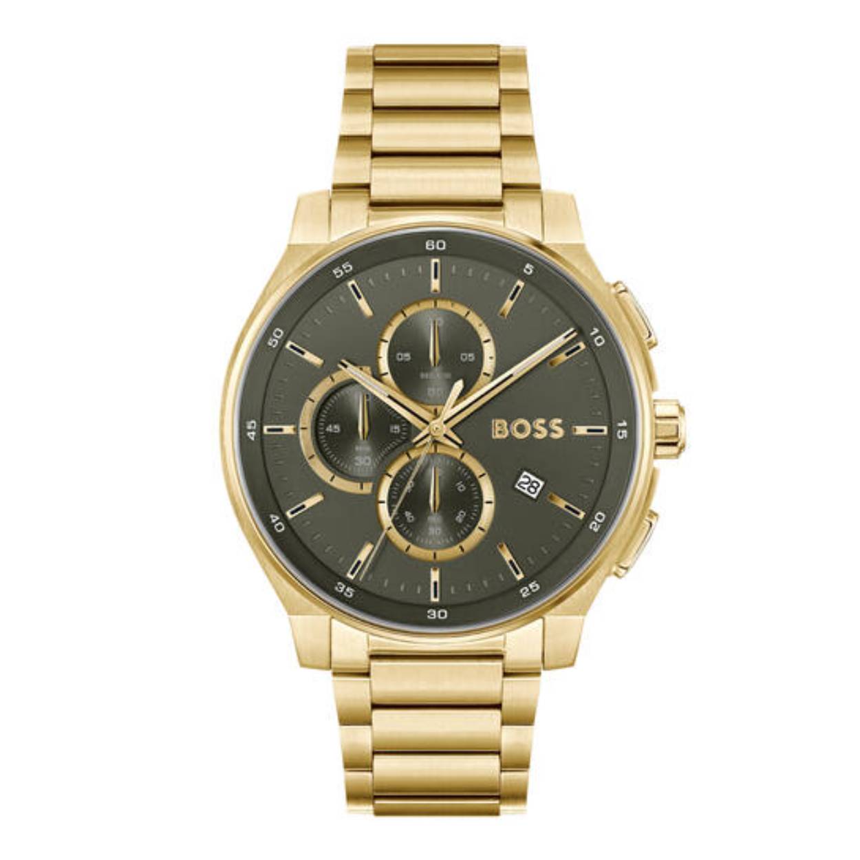 BOSS HB1514190 PEAK 2.0 Herenhorloge Chrono 44mm 
Dit BOSS horloge uit de PEAK 2.0 serie met artikelnr: HB1514190 heeft een luxe uitstraling. Zeer geschikt voor de moderne stijlvolle man van nu. Het herenhorloge valt op door zijn goudkleurige stalen horlogekast met een gladde bezel en een olijfgroene sunray wijzerplaat met een chronograaf en datum. Opvallend zijn de wijzers die met lumibrite zijn ingelegd. Aan de kast zit een mat glanzende goudkleurige stalen schakelband met vouwsluiting. Het horloge heeft een doorsnee van 44mm met een mineraalglas en is 5ATM. 

HET MERK:
HUGO BOSS is afgestemd op levensstijlen waar het gaat om kwaliteit en precisie. Het wereldwijde fashionlabel is verdeeld in twee merken: BOSS en HUGO. Het merk BOSS biedt geavanceerde, moderne horloges gericht op kwaliteit en design om een onberispelijke look te creëren – of het nu zakelijk, casual of sportief is. De horloge collectie van BOSS is perfect afgestemd op levensstijlen waar het gaat om kwaliteit en precisie. BOSS is op maat gemaakt in een onberispelijke stijl.

Blijf stijlvol bij de tijd. Voor de BOSS-vrouw is stijl het handelsmerk en draait alles om
details. Breng uw look naar een hoger niveau met onze nieuwe en kenmerkende horlogecollectie.

SPECIFICATIES:
- Mineraalglas
- Ronde kastvorm, Ø 44mm
- Stalen horlogekast
- Groene wijzerplaat
- Stalen schakelband
- Chronograaf
- 5ATM