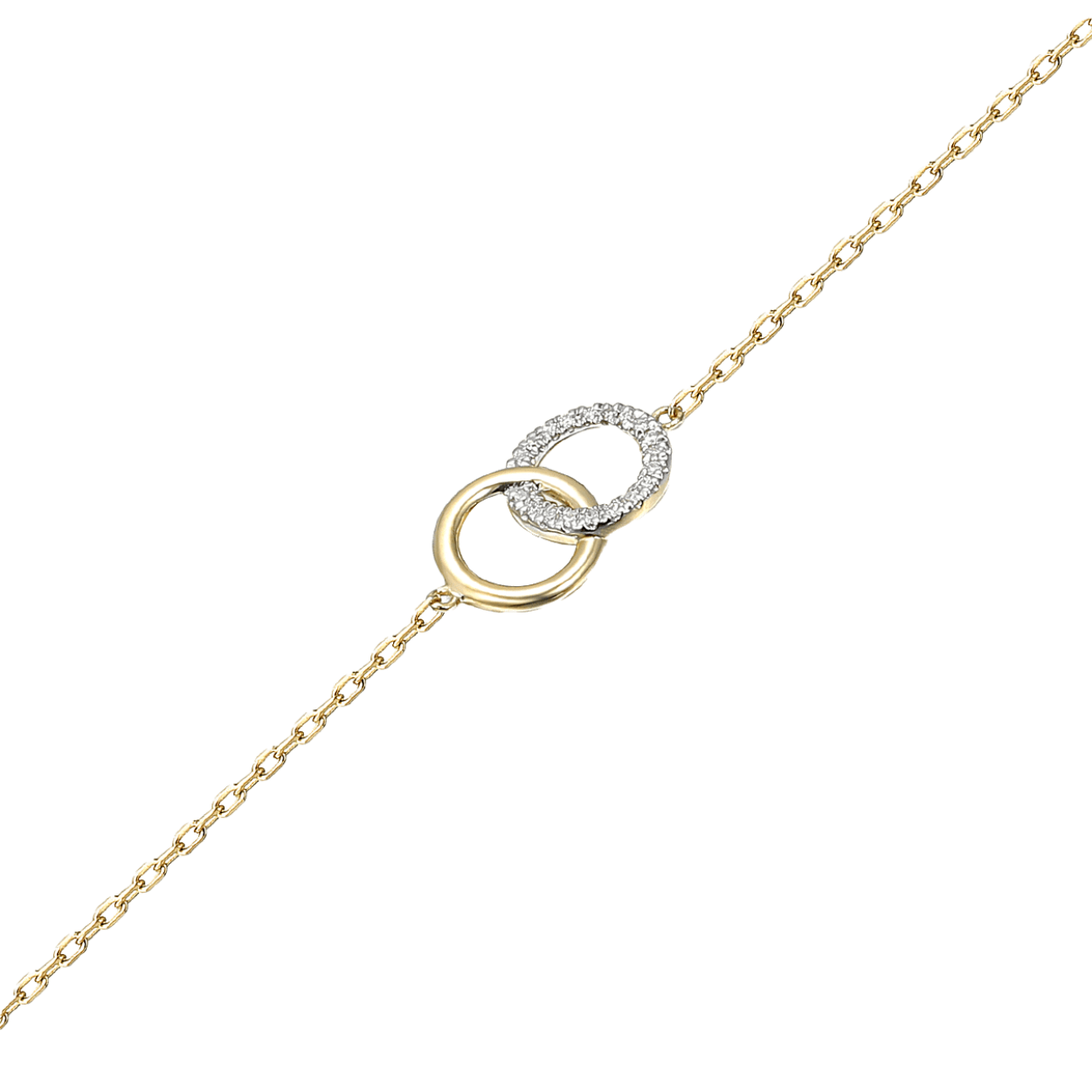 14 karaats gouden armband met twee ronde vormen, waarvan één gezet met diamant 0.05 crt / 18 cm H-SI.
Maak de set compleet met de bijpassende oorsieraden en het collier.