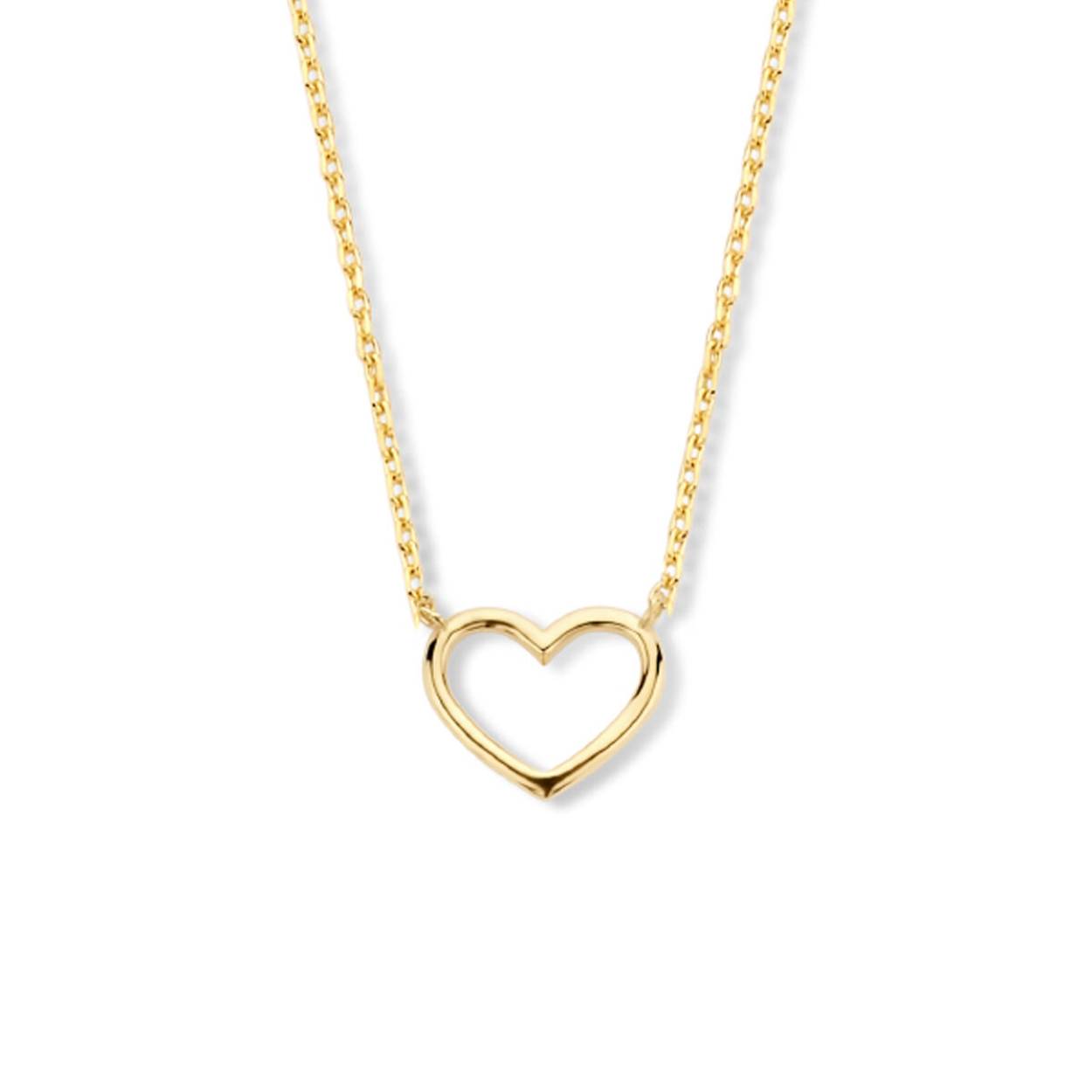 Dit fijne 14k geelgouden collier met een open hartje geeft je outfit een vriendelijke touch. Het collier heeft draaglengtes van 40, 42 en 44cm. De schakelbreedte is 0.8mm.