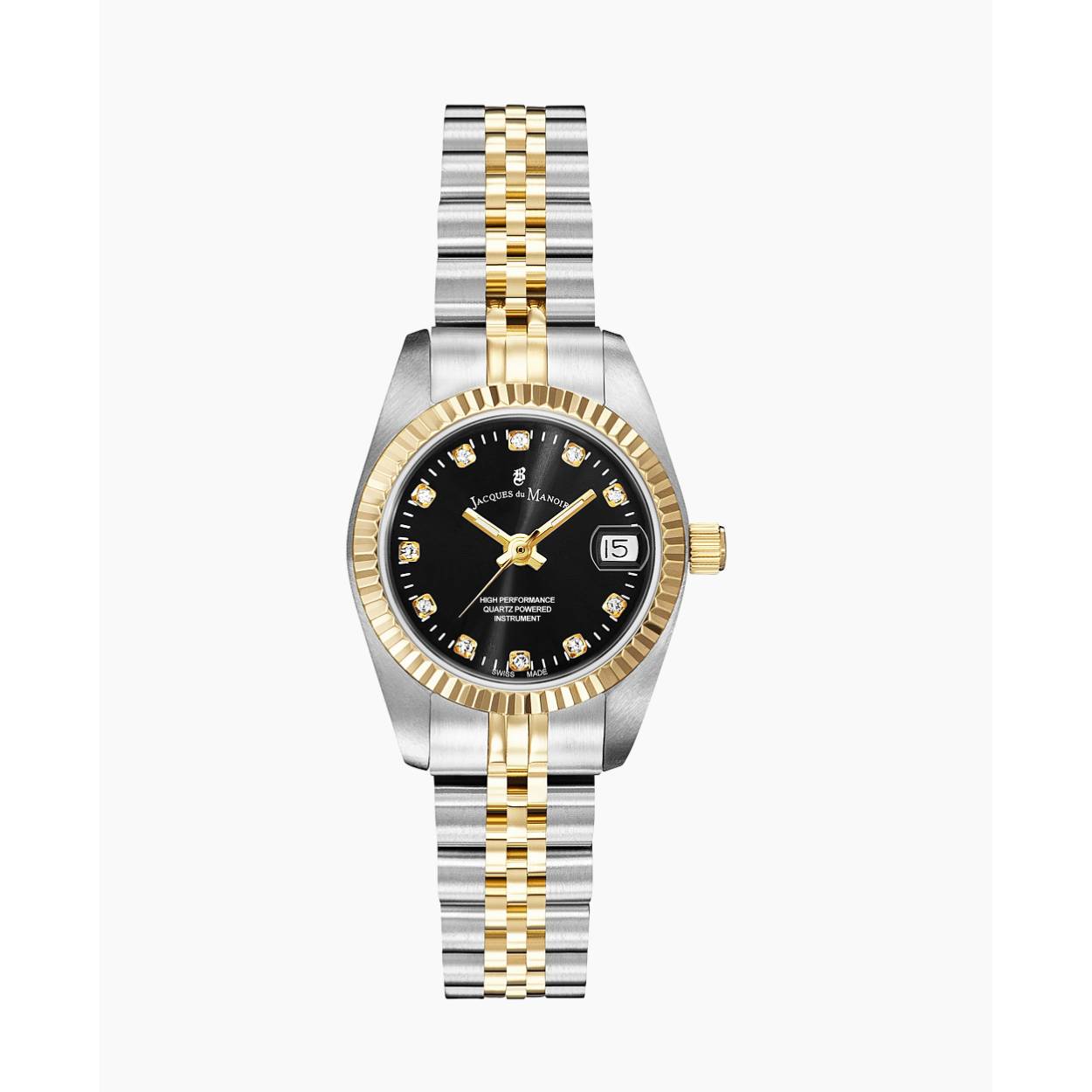 Dames Horloge met zwarte wijzerplaat ingelegd met zirkonia's en bi-colour roestvrij stalen schakel band.