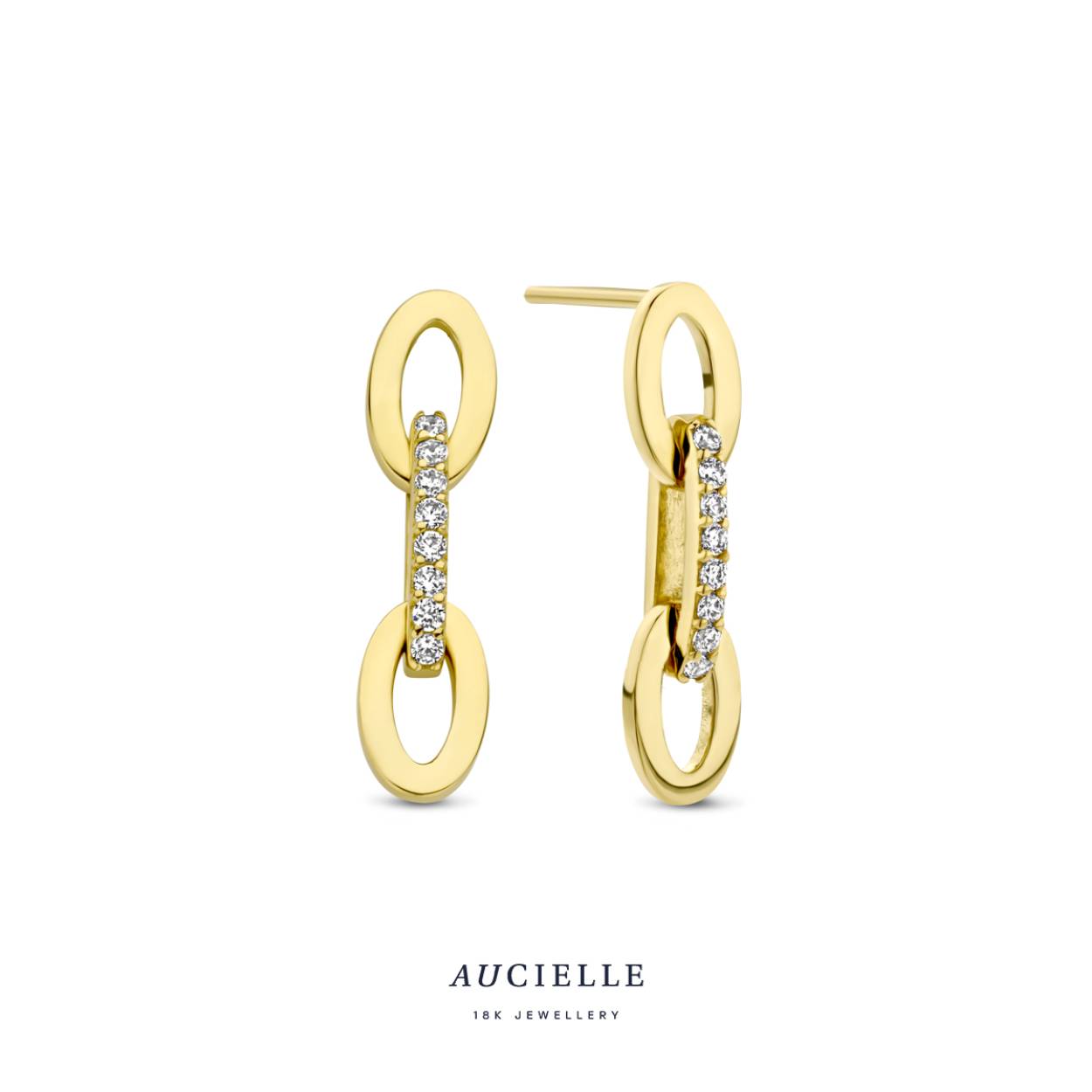18 kt gouden oorstekers met zirkonium van het merk Aucielle
Bijhorende armband en collier ook verkrijgbaar