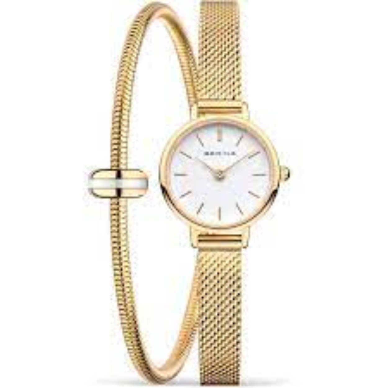 Dit prachtige Gouden Bering Dameshorloge heeft een mooie gouden band met een klein klassieke klok. 
Met deze aanbieding krijgt u er een armband ter waarde van 