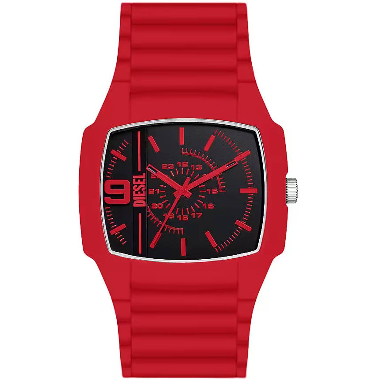 Cliffhanger 2.0 is een verbrede, sportievere versie van het bekende Cliffhanger horloge. Met een roestvrijstalen kast en siliconen rode unibody-band (net als de originele horlogeserie die voorheen bekend stond als Trojan).

Dit Diesel horloge heeft een Composiet (gemengde materialen) kast met een diameter van 45 mm en is voorzien van een Rubber band. In de kast bevindt zich een Miyota kwaliteitsuurwerk en is afgewerkt met Mineraalglas.

Het horloge is 3ATM. Dit betekent dat het horloge spatwaterdicht is.. Verder wordt het horloge geleverd met 2 jaar garantie.
