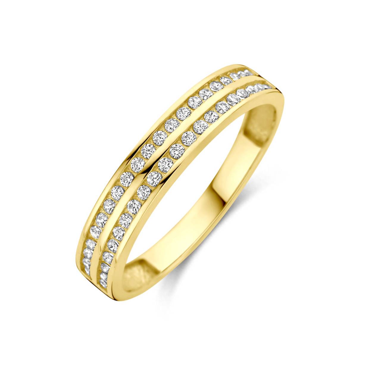 14k Geelgouden ring uitgevoerd met zirkonia. De ring heeft een breedte van 3.5mm.