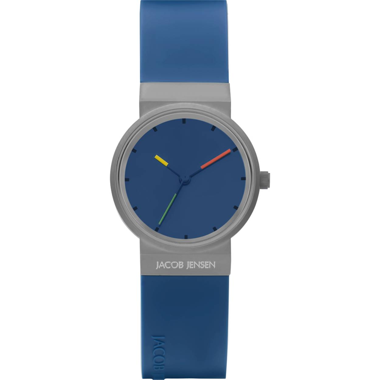 Titanium met saffierglas en blauwe rubberen band
spatwaterdicht