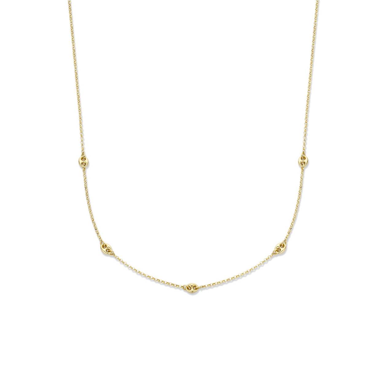 Geelgoud op 925 zilveren collier met schakelachtige elementen 5.5x7mm. Het collier heeft een draaglengte van 41cm en een extensie van 4cm. Uitgevoerd met een karabijn sluiting.