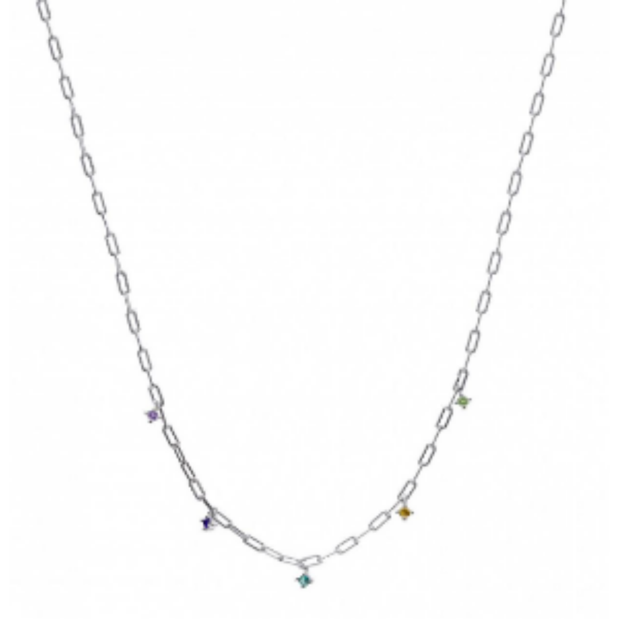 Zilveren collier in paperclipstijl bestaande uit kleine veelkleurige zirkonia hangers.