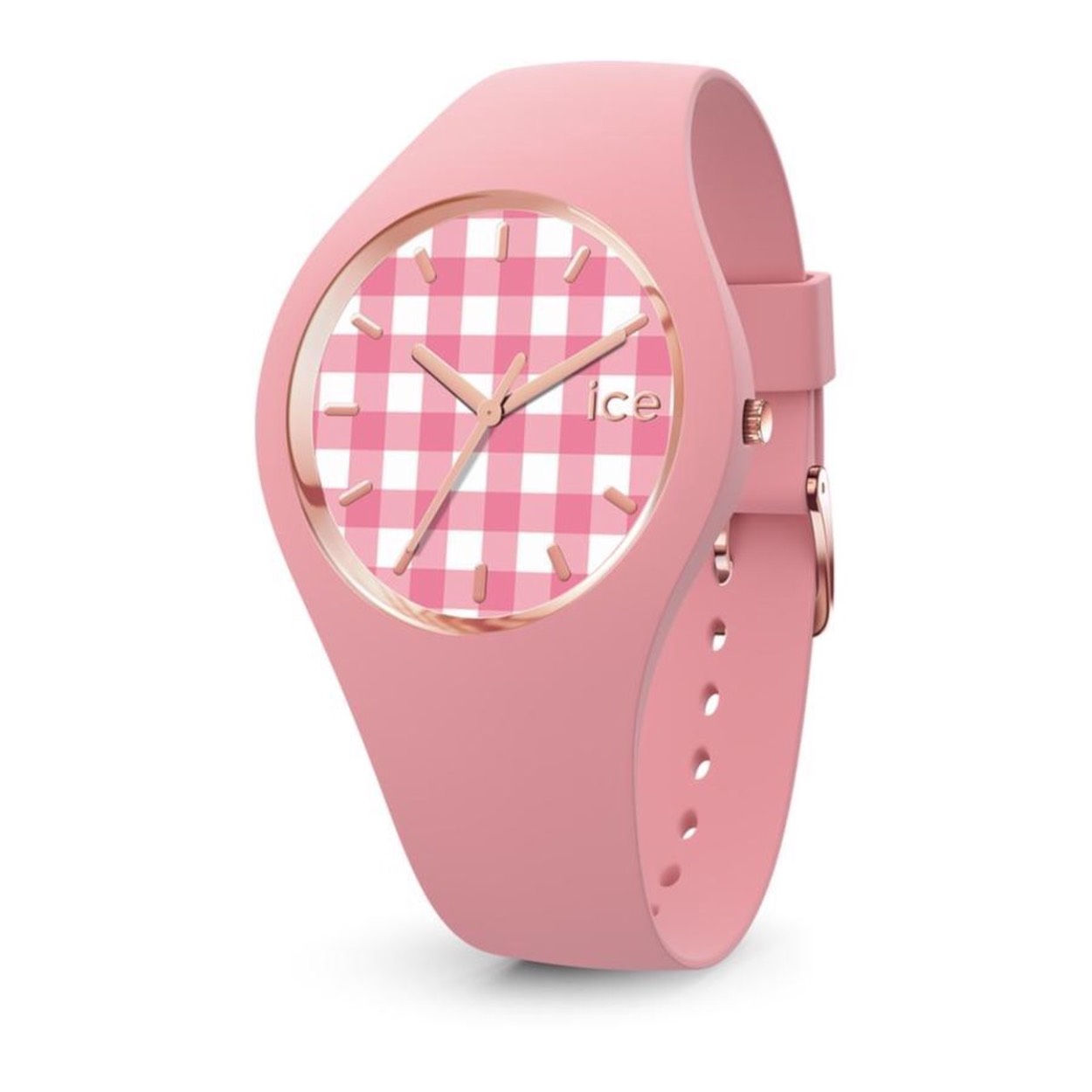 Roze horloge met een opvallende geblokte wijzerplaat.
het horloge heeft een rosé kleurige rand om de wijzerplaat.
Waterdicht.