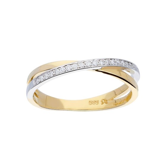 14 karaats bicolor gouden damesring met briljant, 0.10 crt
